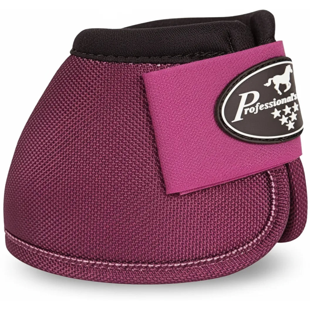Professional's Choice Ballistic No-Turn Bell Boots in Wine. These medium horse overreach boots feature durable ballistic nylon for maximum hoof and heel protection. Designed with a soft black padded collar for comfort, a secure hook-and-loop strap, and the signature Professional's Choice logo. Stylish and functional equestrian gear perfect for preventing overreach injuries during training or turnout.