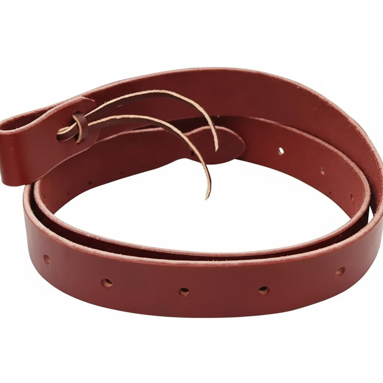 Professional's Choice Beveled Edge Latigo Leather Tie Strap for western saddles, featuring a rich burgundy color and pre-punched holes. This 1 3/4" x 6' heavy-duty cinch strap is made in the USA from premium leather for durability and safety. High-quality horse tack designed for secure saddle attachment and long-lasting performance.