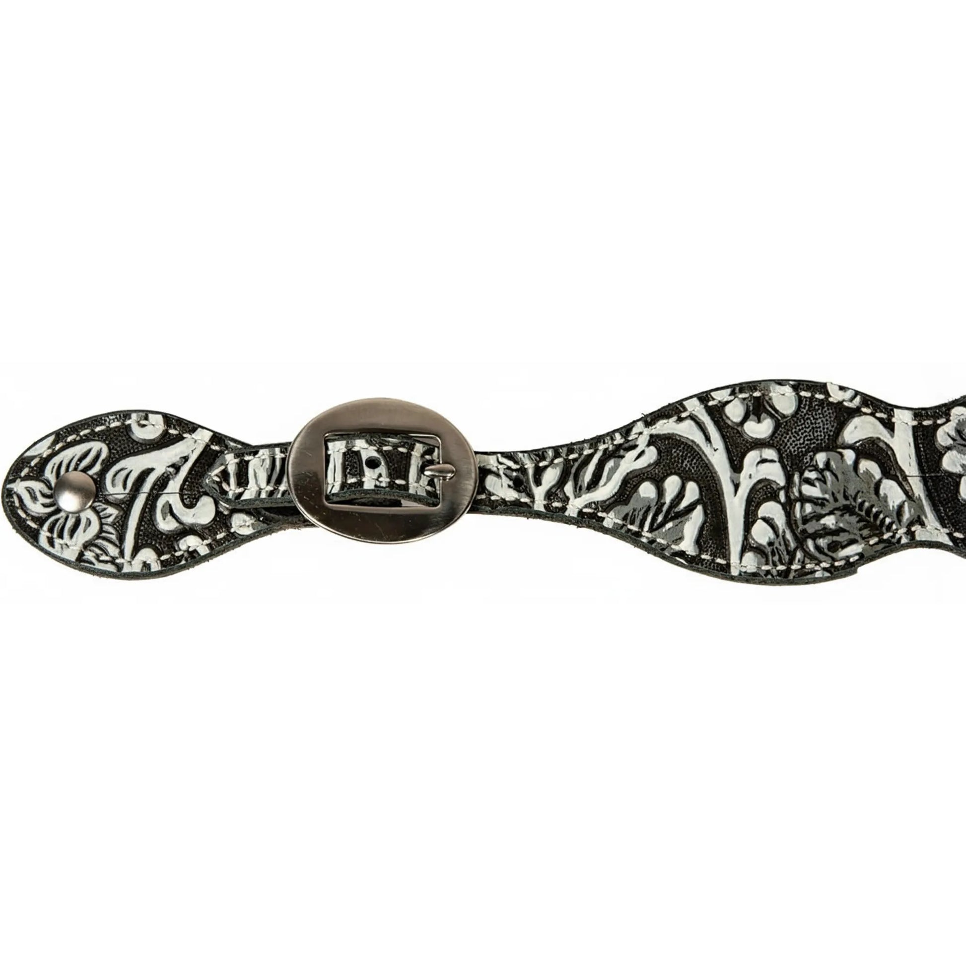 Professional's Choice Black & White Paisley Spur Straps featuring hand-painted white floral and paisley designs on black leather. These stylish western spur straps include a polished silver oval buckle and reinforced white stitching, offering a bold, high-contrast look for any western horse tack collection or equestrian riding outfit.