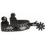 Professional's Choice Black Feather Spurs for men, featuring a 1" wide dark metal band decorated with elegant silver feather overlays, silver studs, and a black gemstone accent. Includes a 1 7/8" shank with a 10-point rowel. These high-quality western spurs offer a blend of style and function for performance riding, training, and horse shows. Perfect addition to any cowboy's equestrian gear collection.