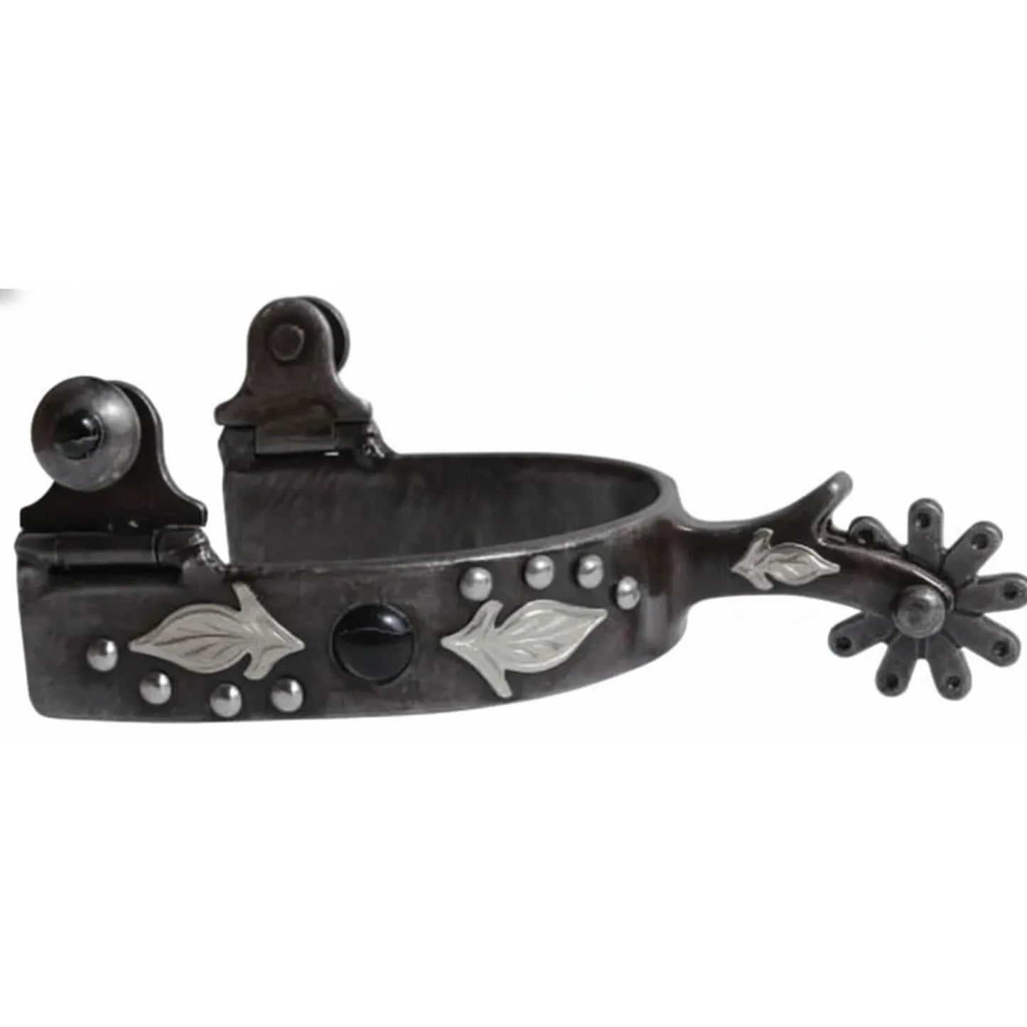 Professional's Choice Black Feather Spurs for men, featuring a 1" wide dark metal band decorated with elegant silver feather overlays, silver studs, and a black gemstone accent. Includes a 1 7/8" shank with a 10-point rowel. These high-quality western spurs offer a blend of style and function for performance riding, training, and horse shows. Perfect addition to any cowboy's equestrian gear collection.