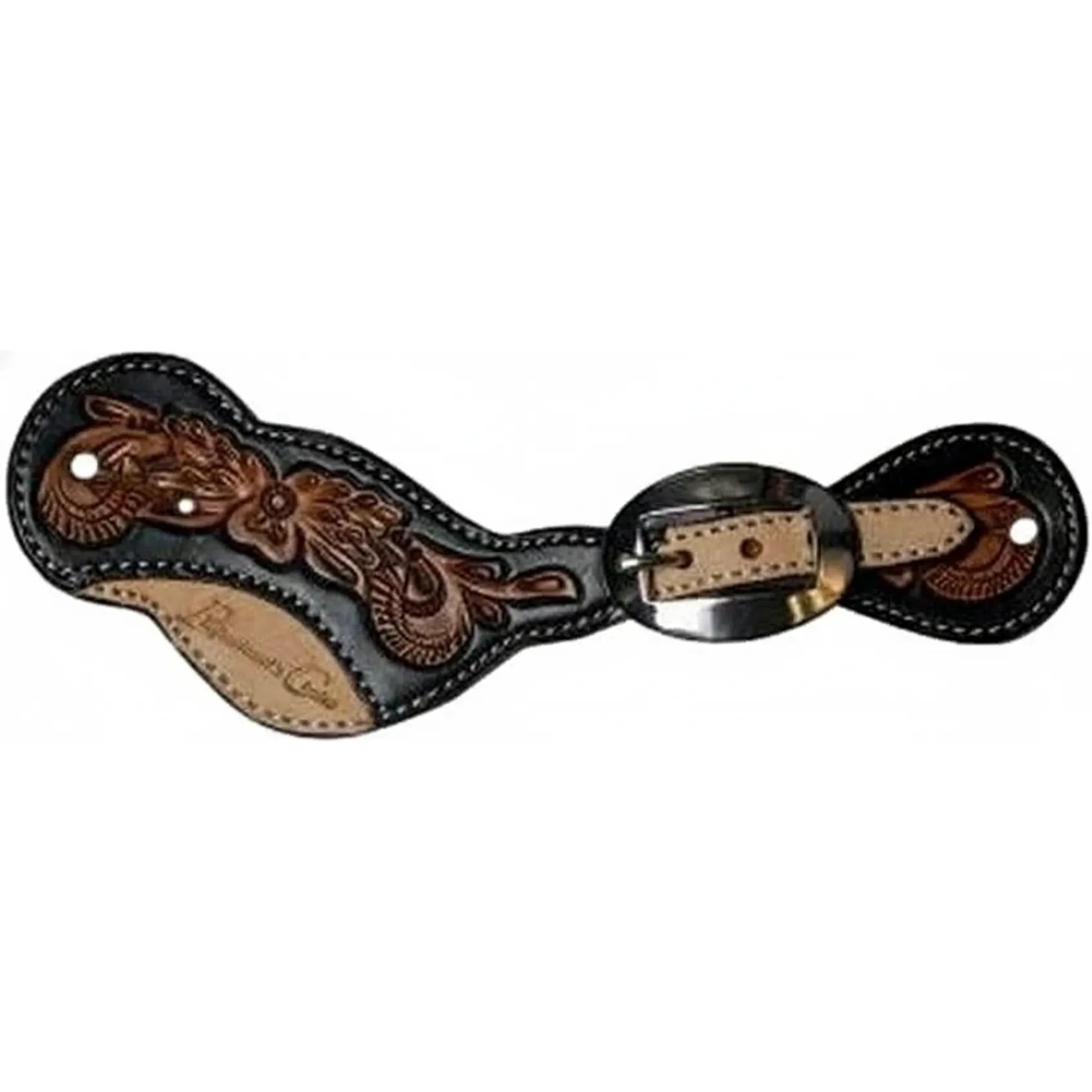 Professional's Choice Black Floral Roughout Ladies Spur Straps featuring hand-tooled natural floral designs on a premium black leather base. The contoured strap includes a signature roughout leather accent and a polished stainless steel oval buckle. High-quality Western horse riding accessories designed for style and durability, perfect for equestrians looking for traditional floral tooling and reliable performance.