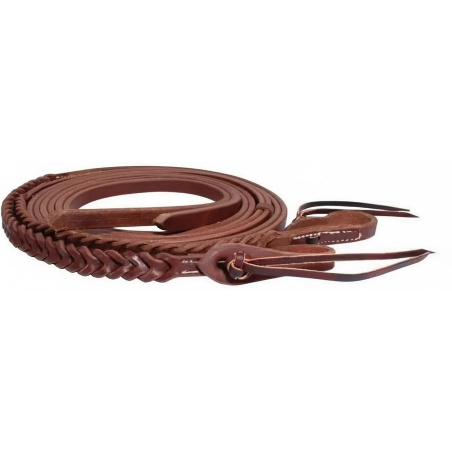 Professional's Choice Bleeding Heart Split Reins, 8ft length, crafted from premium heavy oil harness leather. These Western horse reins feature a distinctive braided bleeding heart pattern and traditional tie-ends for bit attachment. Durable, rich brown leather split reins perfect for Western performance, training, and trail riding.