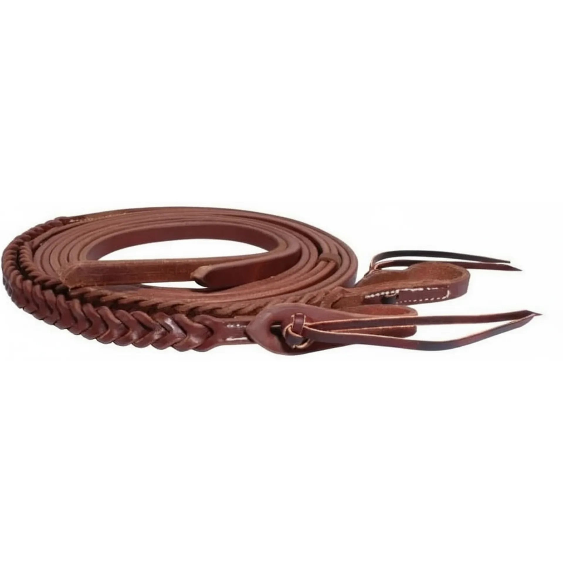 Professional's Choice Bleeding Heart Split Reins, 8ft length, crafted from premium heavy oil harness leather. These Western horse reins feature a distinctive braided bleeding heart pattern and traditional tie-ends for bit attachment. Durable, rich brown leather split reins perfect for Western performance, training, and trail riding.