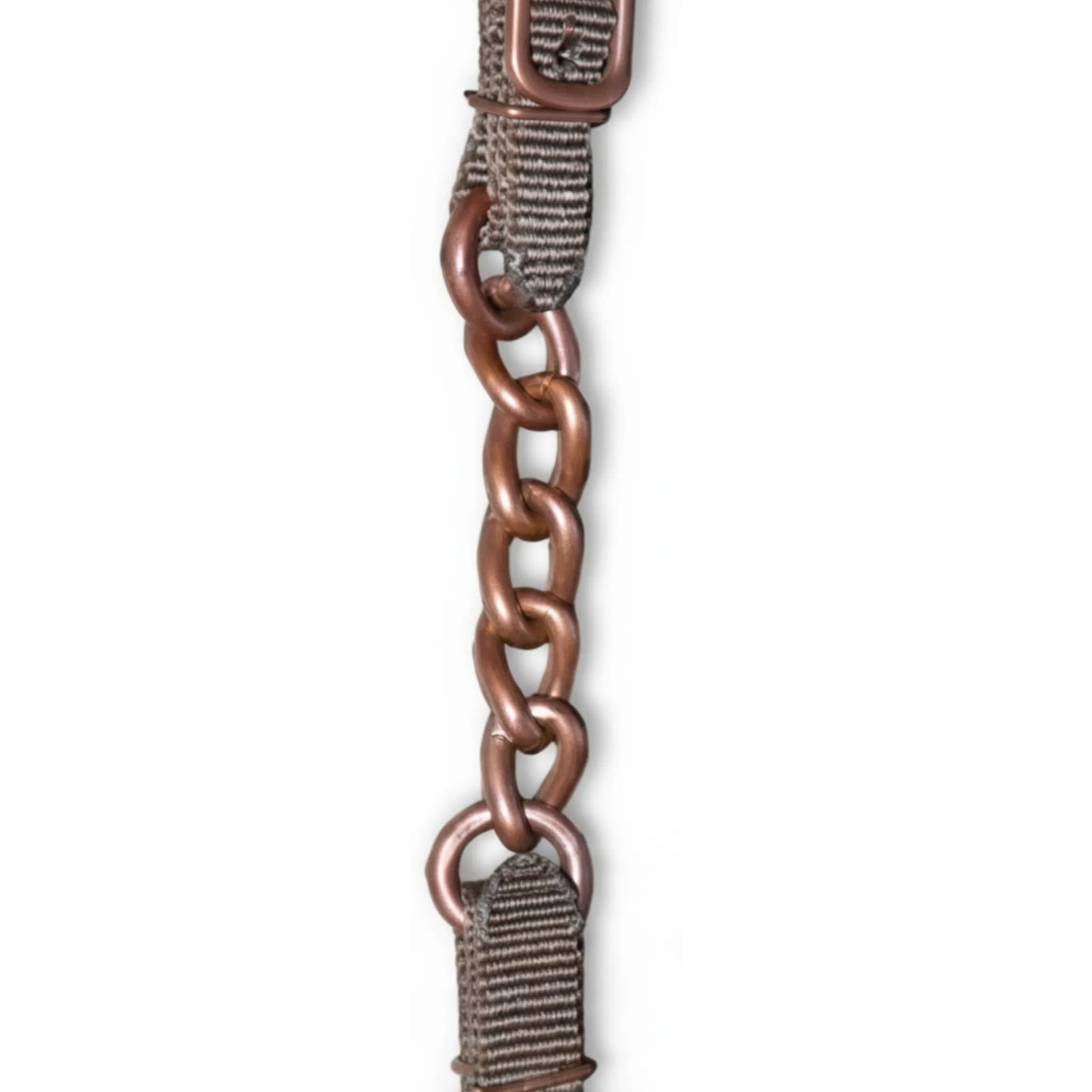 Professional's Choice Bob Avila Collection Nylon Curb Strap featuring a durable brown nylon strap and high-quality copper hardware. This adjustable horse curb strap includes a central copper chain section for precise pressure and a secure fit. Ideal for western riders seeking professional-grade equestrian tack, the sleek copper buckle and round rings offer both style and functionality for any horse bit setup.