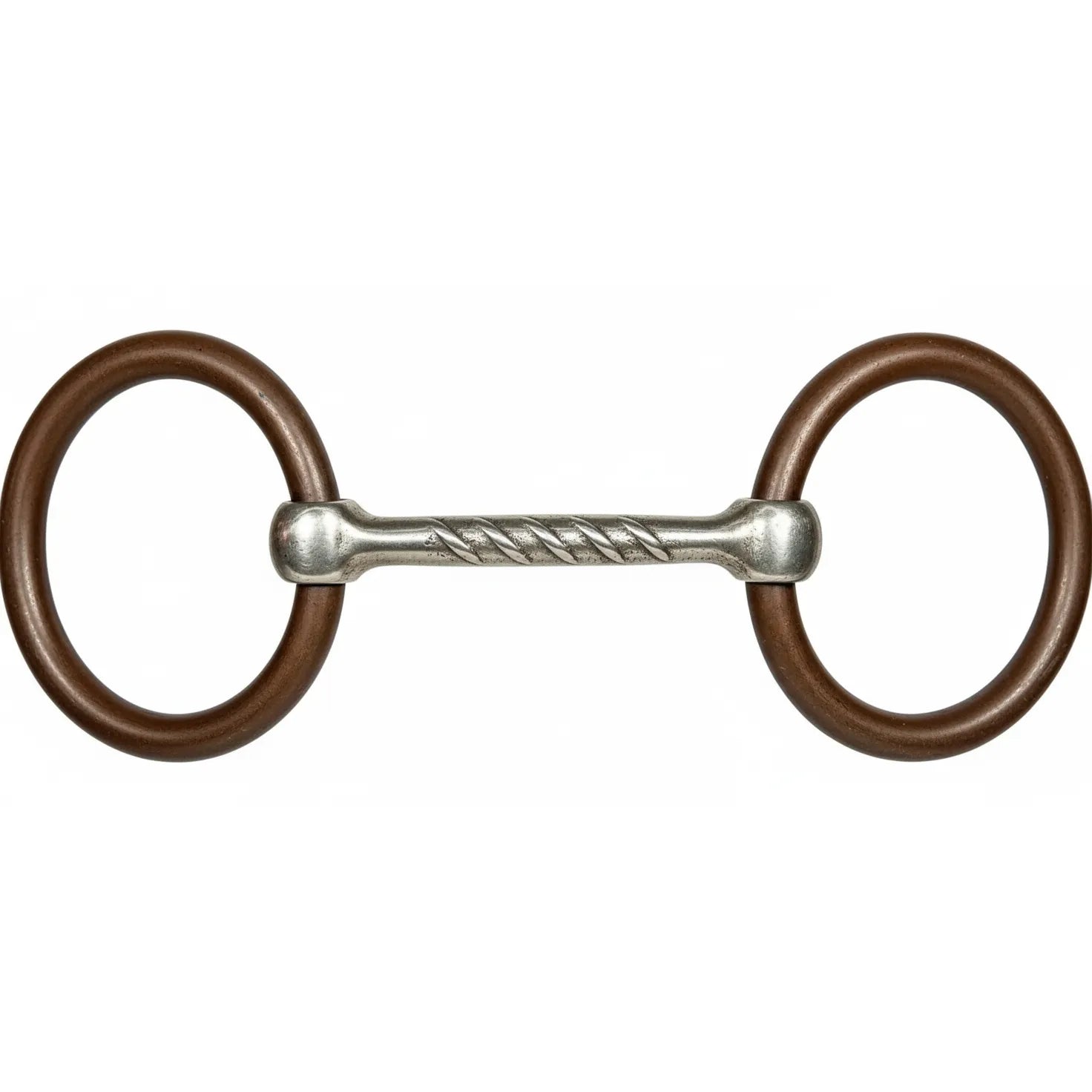 Professional's Choice Bob Avila Snaffle Horse Bit with a 5 1/4" twisted sweet iron mouthpiece and 3" dark brown rings. This high-quality loose ring snaffle is essential western horse tack designed to encourage salivation and light responsiveness. The sweet iron naturally oxidizes for a taste horses love, making it perfect for training or everyday riding. A durable and effective bit for any equestrian's collection.