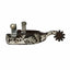 Professional's Choice Bob Avila Western Floral Engraved Spurs featuring a 1-inch dark steel band decorated with intricate silver floral scrollwork. These premium equestrian spurs include a 2 1/4" to 2 1/2" medium shank and a rotating 10-point rowel. Ideal for performance horse training and western showing, these high-quality spurs combine functional design with traditional western craftsmanship.