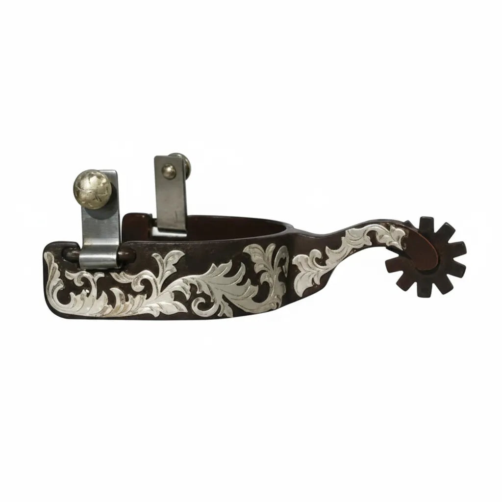 Professional's Choice Bob Avila Western Floral Engraved Spurs featuring a 1-inch dark steel band decorated with intricate silver floral scrollwork. These premium equestrian spurs include a 2 1/4" to 2 1/2" medium shank and a rotating 10-point rowel. Ideal for performance horse training and western showing, these high-quality spurs combine functional design with traditional western craftsmanship.