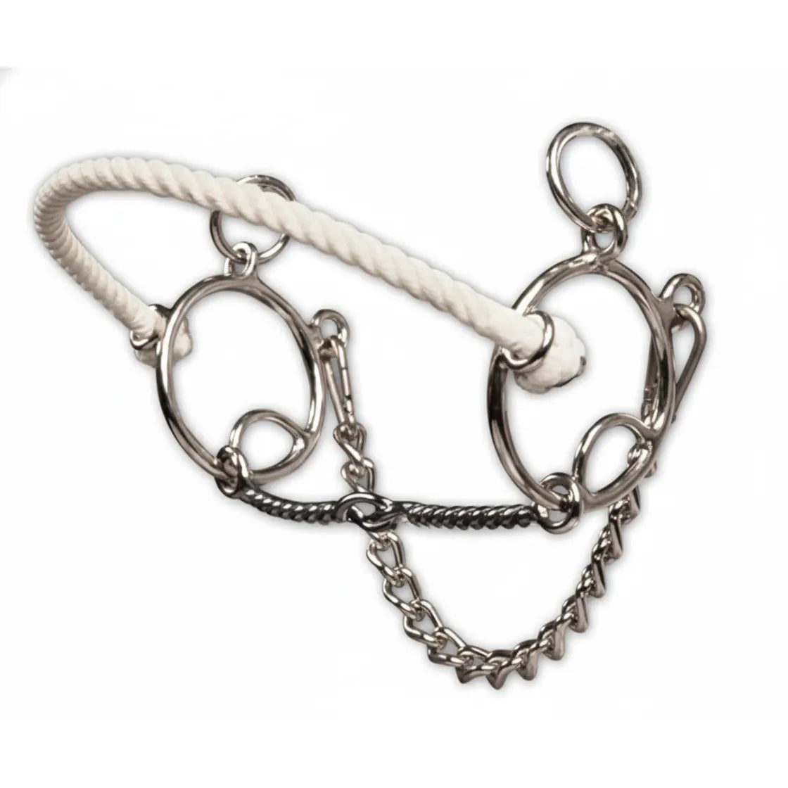 Professional's Choice Brittany Pozzi Equine Twisted Wire Snaffle Bit with a Medium Twist. This silver combination horse bit features a white rope noseband, a twisted wire mouthpiece, and a matching curb chain. Ideal for barrel racing and western performance, this precision-engineered bit provides balanced control and refined communication between horse and rider.