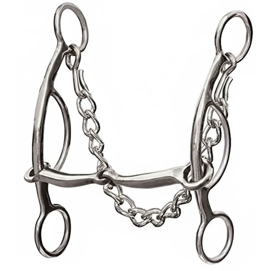 Professional's Choice Brittany Pozzi Three Piece Smooth Bit with an 8.5" silver shank and 5.5" sweet iron mouthpiece. This high-performance western horse bit features a three-piece jointed design and an adjustable curb chain for refined control. An essential piece of equestrian tack for barrel racing or training, showcasing a sleek, polished finish that combines functionality with professional style.
