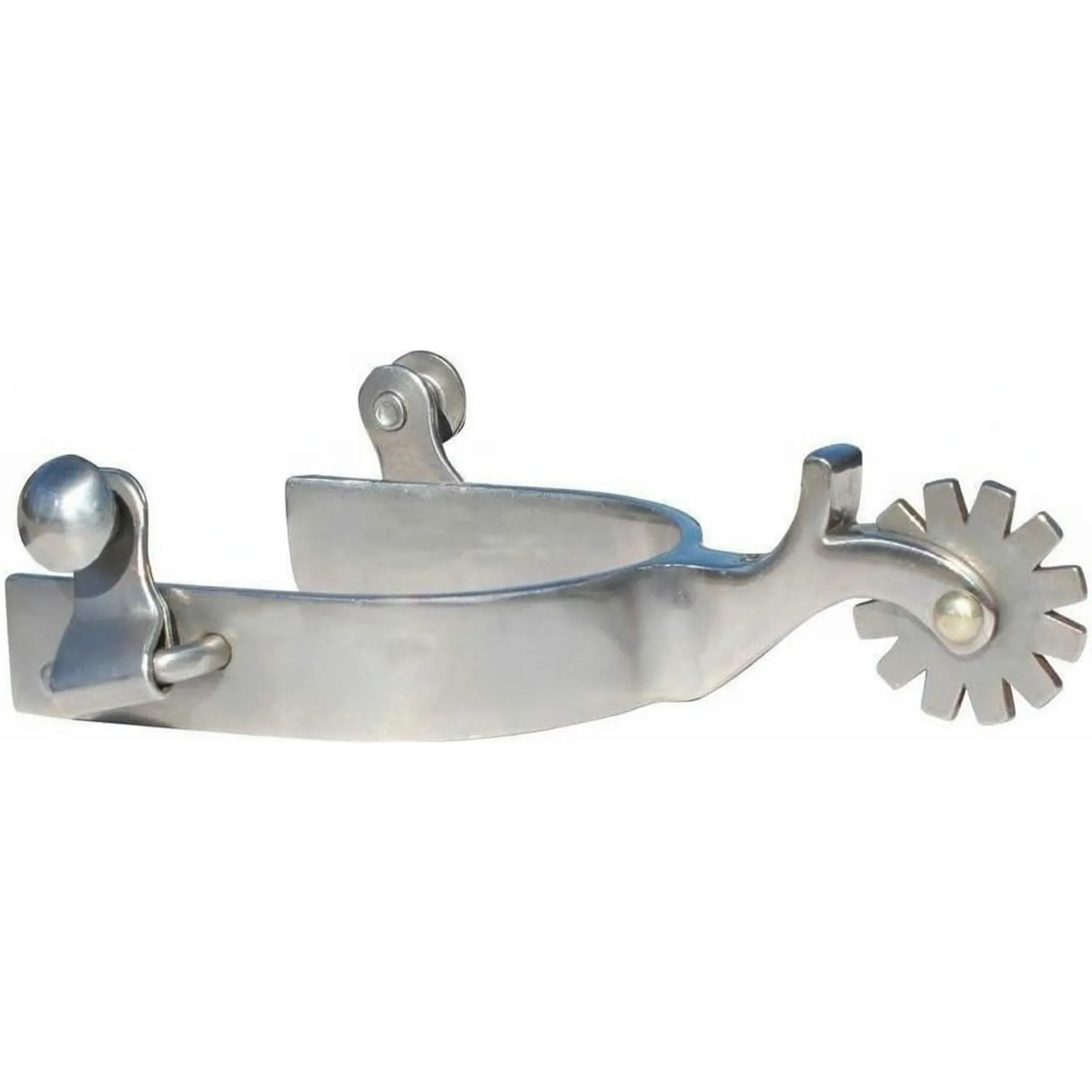 Professional's Choice Brittany Spur featuring a 3/4-inch stainless steel band and a blunt 12-point rowel. This high-quality western spur includes a curved shank and classic buttons for easy strap attachment. Ideal for precise cues and professional horse riding, these silver equestrian spurs offer durability and style for competitive or recreational western riders.