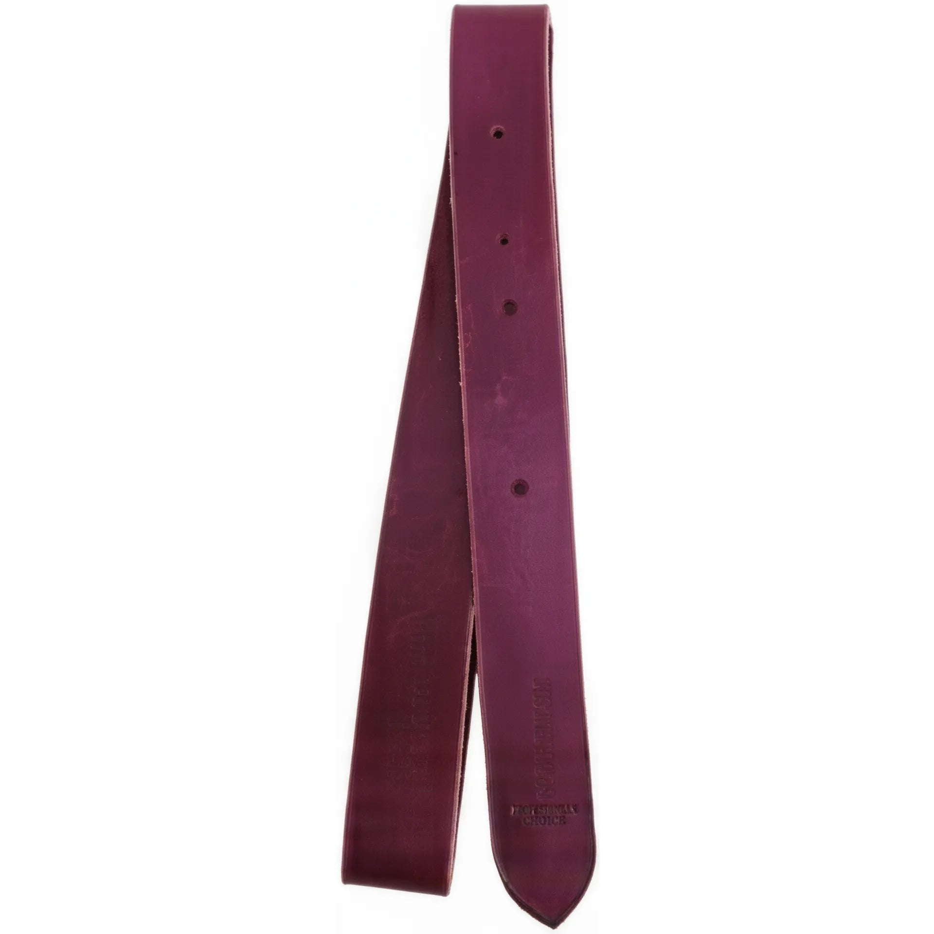 Professional's Choice Burgundy Latigo Half Breed Off Billet crafted from premium Hermann Oak Leather. This durable 1 3/4-inch wide western saddle cinch strap features multiple pre-punched adjustment holes and a tapered end. A high-quality piece of burgundy horse tack for western riders, providing strength and reliability for secure saddling.