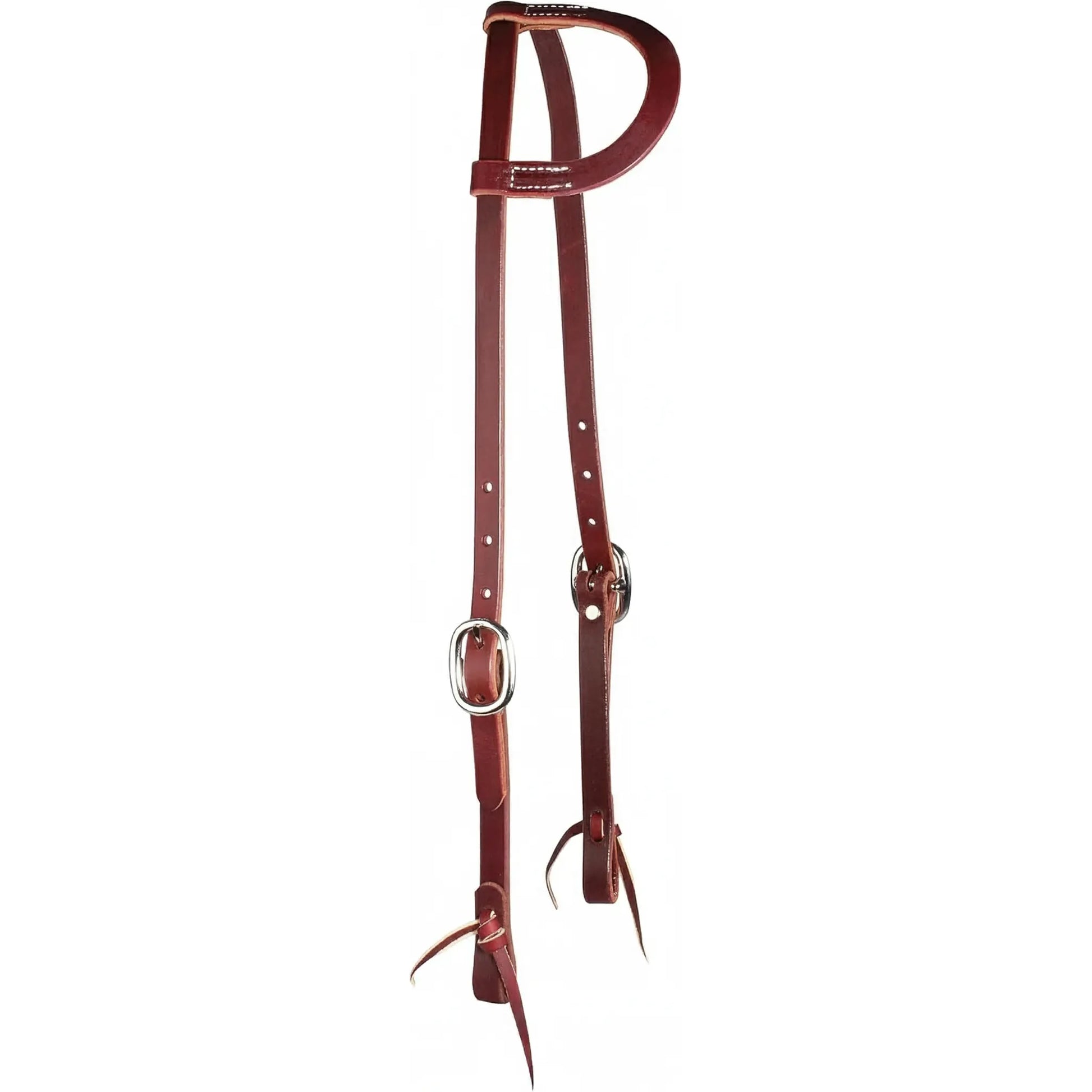 Professional's Choice Burgundy Latigo Turned Ear Headstall. High-quality western horse headstall crafted from rich, dark burgundy latigo leather. Features a comfortable turned-ear loop, adjustable cheek pieces with sleek silver buckles, and classic leather tie-bit ends. A durable and elegant addition to your western tack collection, perfect for horse shows, ranch work, or trail riding.