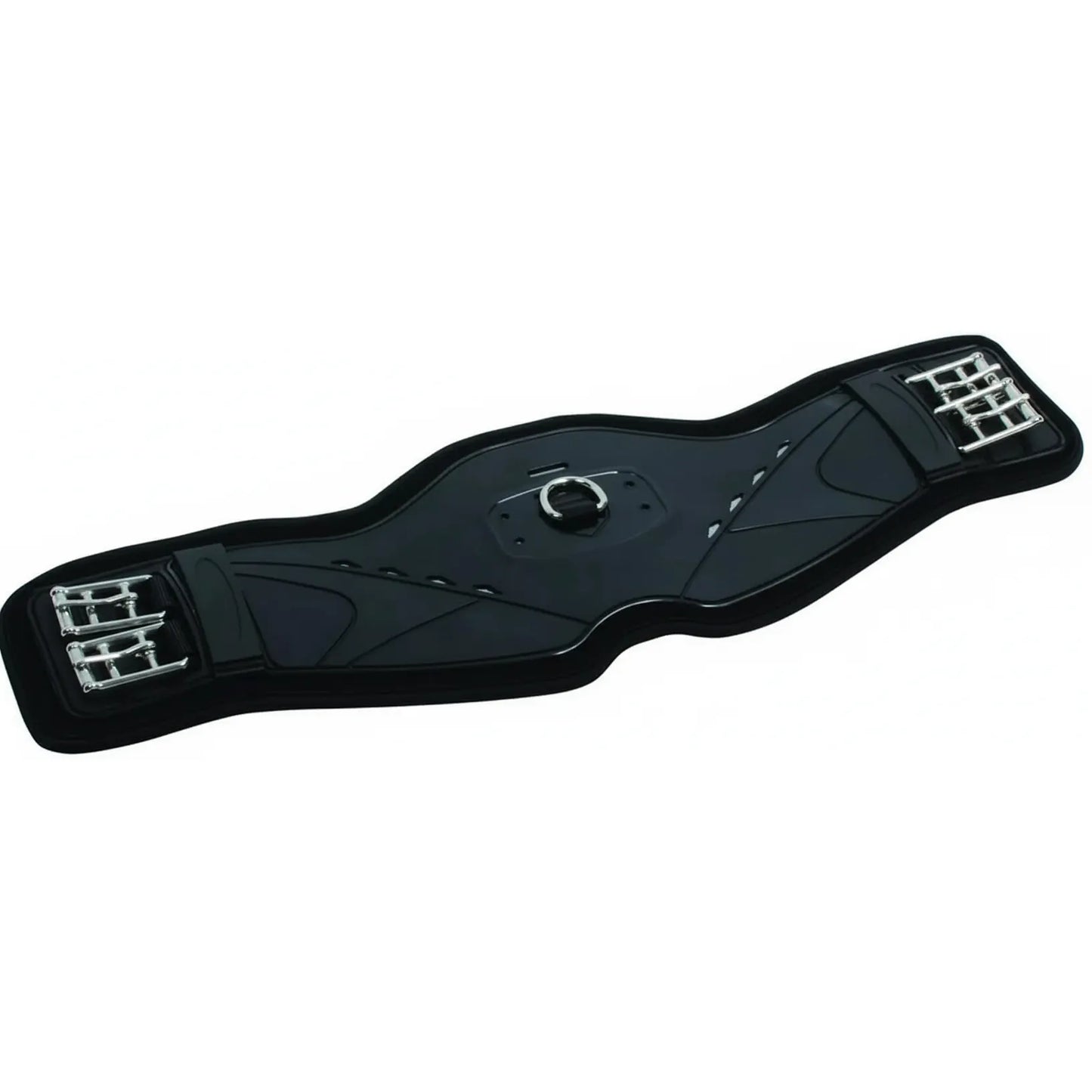 Professional's Choice Contoured Neoprene Dressage Girth in sleek black, featuring the VenTECH breathable non-slip liner and heavy-duty stainless steel buckles. This anatomical horse girth is designed for maximum comfort and elbow clearance, making it ideal for dressage training and competition. High-quality equestrian tack that provides a secure, chafe-free fit with a central D-ring for easy attachment of training aids.