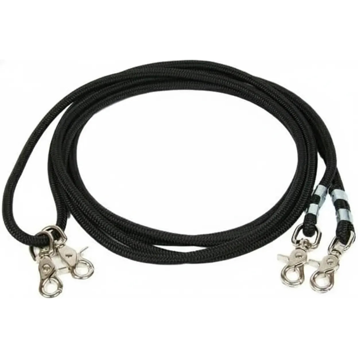Professional's Choice 16' black woven poly cord rope draw reins featuring four silver-toned metal quick snaps for easy attachment to the horse's bit and girth. These durable, high-quality equestrian training reins are coiled to show the textured black rope construction, perfect for horse schooling and developing proper frame and balance. An essential piece of professional horse tack for trainers and riders.