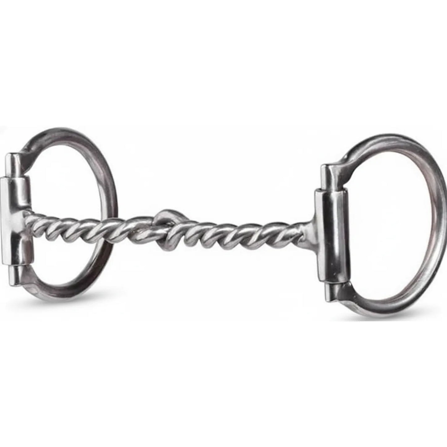 Professional's Choice D-Ring Twisted Wire Snaffle Horse Bit featuring a polished stainless steel finish. This high-performance equestrian tack includes a 5 1/4" mouthpiece with a 5/16" twisted wire design for increased control and 2 1/2" D-rings to prevent the bit from pulling through the mouth. Ideal for training and performance horses, this durable silver snaffle bit offers a classic look and reliable communication for riders.