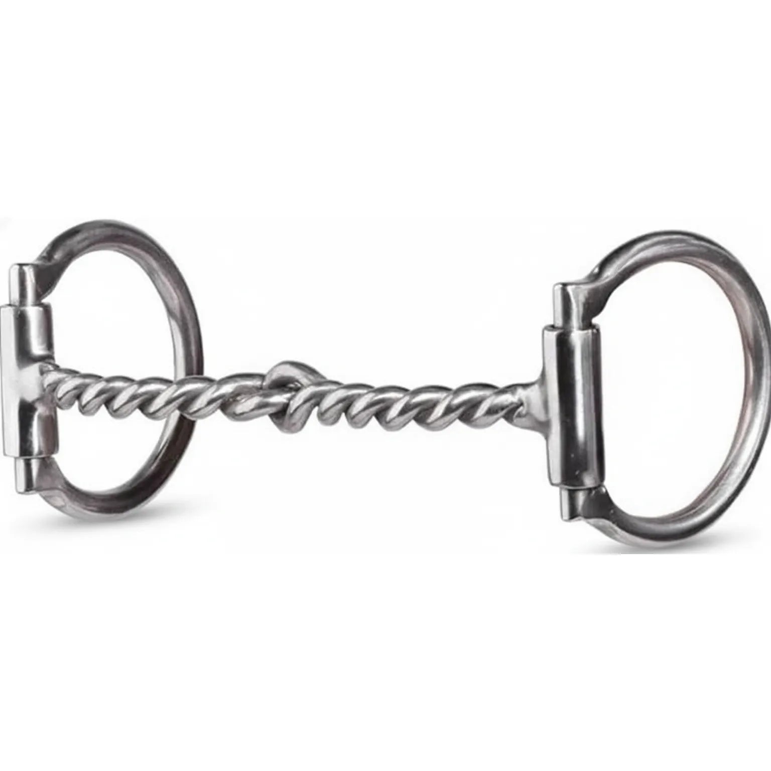 Professional's Choice D-Ring Twisted Wire Snaffle Horse Bit featuring a polished stainless steel finish. This high-performance equestrian tack includes a 5 1/4" mouthpiece with a 5/16" twisted wire design for increased control and 2 1/2" D-rings to prevent the bit from pulling through the mouth. Ideal for training and performance horses, this durable silver snaffle bit offers a classic look and reliable communication for riders.