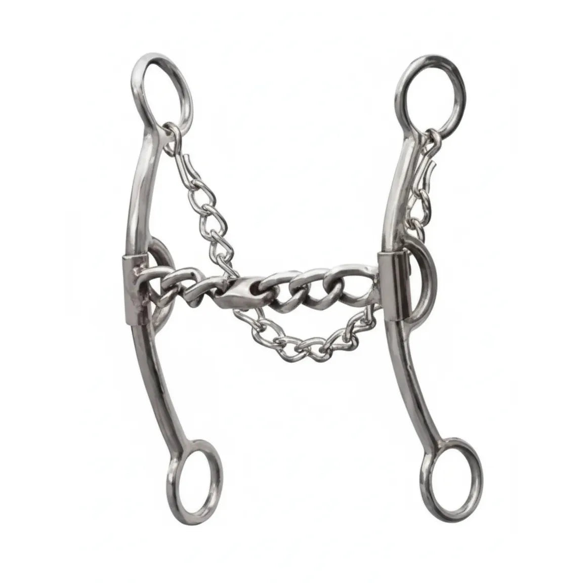 Professional's Choice Derby Horse Bit crafted from polished stainless steel, featuring a 6.75" fixed cheek and a flexible 5 3/4" chain mouthpiece. This western curb bit includes curved shanks and an integrated curb chain for balanced leverage and precise communication. Durable and high-performance equestrian tack, perfect for training or competition, providing both professional style and functional control for your horse.