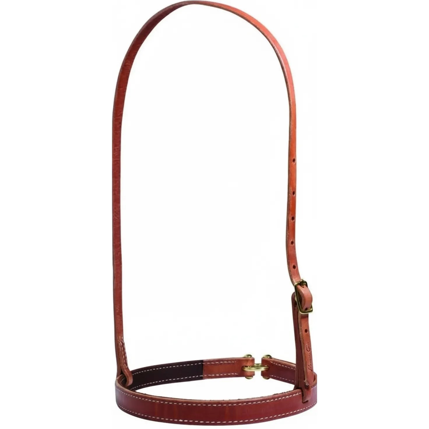 Professional's Choice Double Ply Noseband made from premium Hermann Oak Leather in a rich chestnut brown. This western horse tack features a 1/2 inch adjustable headstrap with durable bronze hardware and classic white contrast stitching. Perfect for riders seeking high-quality, long-lasting equestrian gear for training or performance. Model 8032BHL.