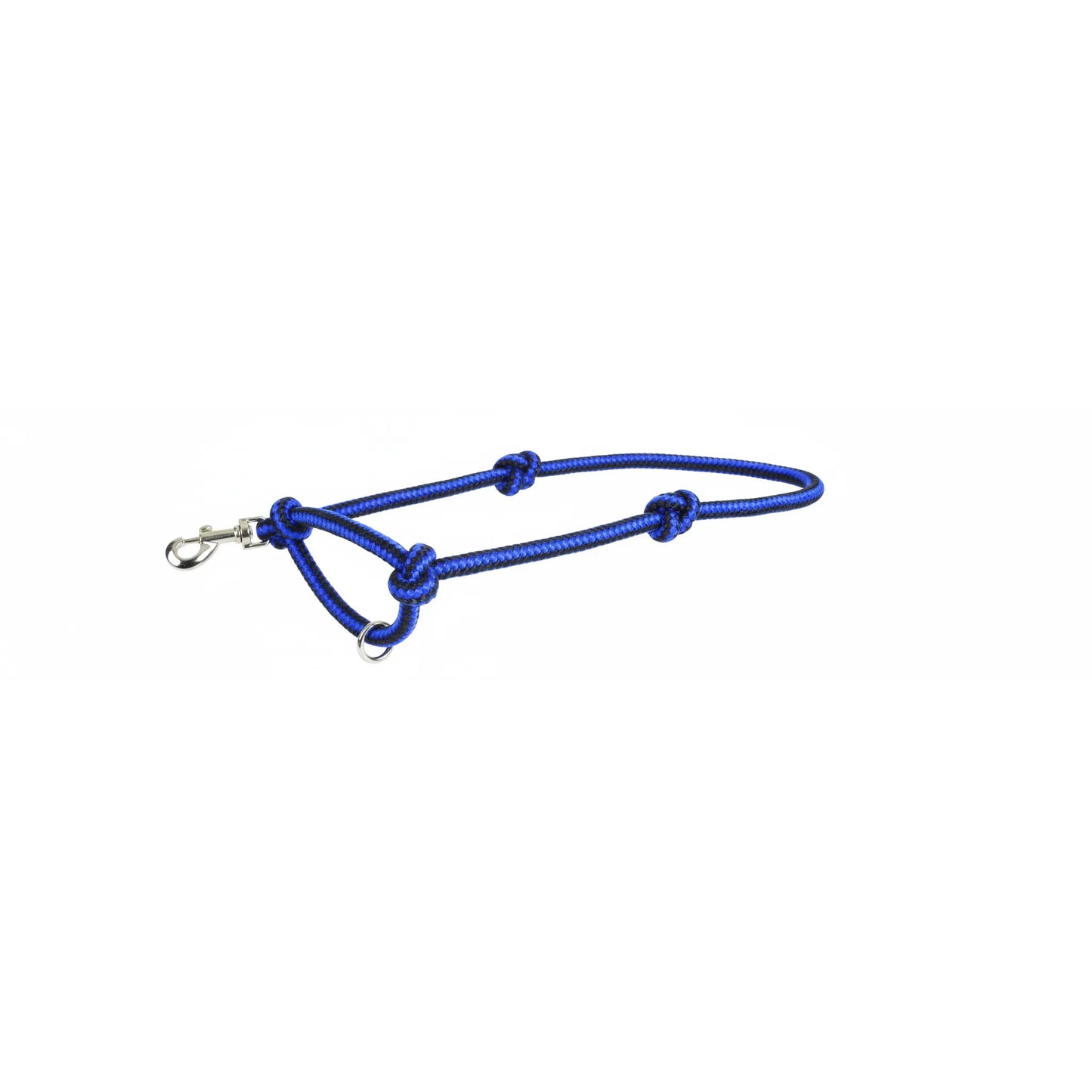 Professional's Choice Easy ON Rope Halter in royal blue and black. This durable horse training halter features a convenient quick-release snap hook for easy on and off, silver-tone metal hardware, and precisely placed knots for effective pressure. Ideal for groundwork and daily handling, this high-quality equestrian rope halter combines functionality with a vibrant, stylish design.