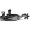 Professional's Choice Engraved Scroll Western Spurs featuring a dark steel 1-inch band and 2 1/4-inch shank with elegant silver scrollwork overlays. This high-quality equestrian gear includes a classic 6-point rowel and swivel buttons for secure strap attachment. An ideal choice for stylish western riding, horse training, or competition ranch gear.
