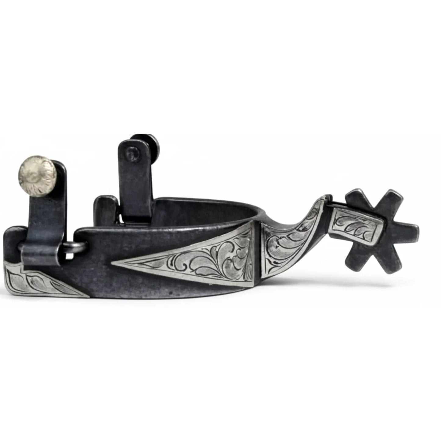 Professional's Choice Engraved Scroll Western Spurs featuring a dark steel 1-inch band and 2 1/4-inch shank with elegant silver scrollwork overlays. This high-quality equestrian gear includes a classic 6-point rowel and swivel buttons for secure strap attachment. An ideal choice for stylish western riding, horse training, or competition ranch gear.