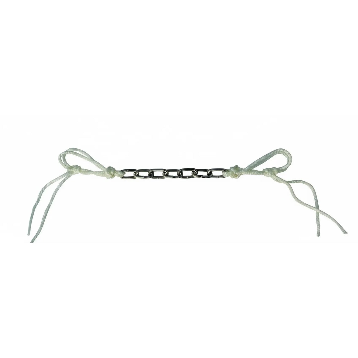 Professional's Choice Equine Chain and Rope Curb Strap with a durable silver metal chain center and adjustable white nylon rope ends. This universal fit curb strap is designed for snaffle bits, offering precise communication and comfort for horses. A high-quality piece of western horse tack essential for refined control and a professional look in the arena or on the trail.