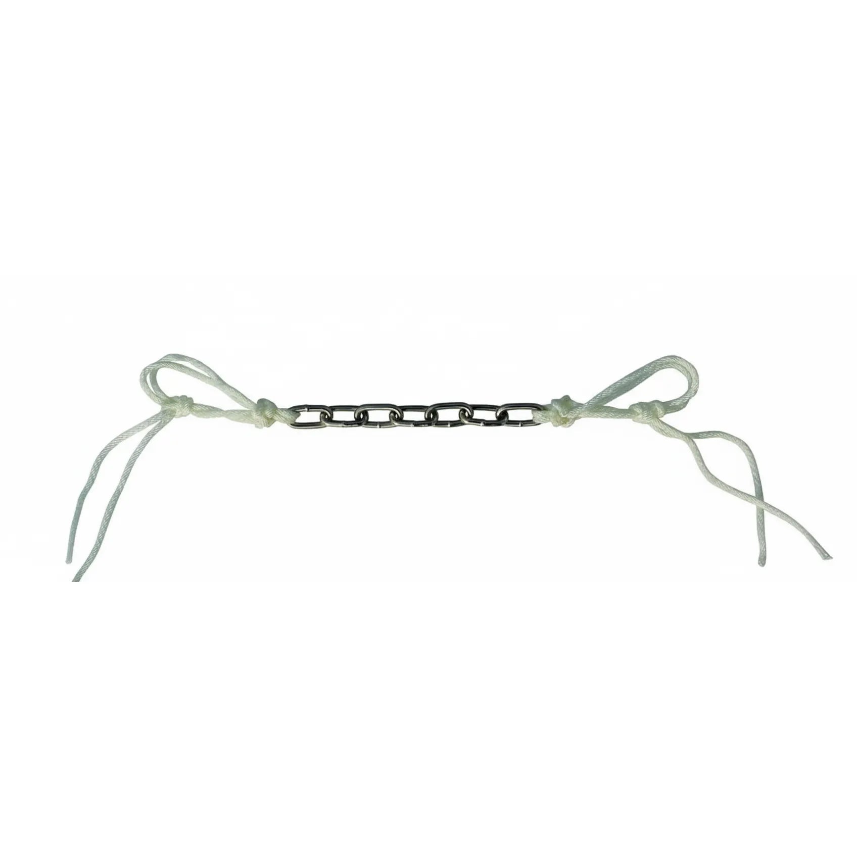 Professional's Choice Equine Chain and Rope Curb Strap with a durable silver metal chain center and adjustable white nylon rope ends. This universal fit curb strap is designed for snaffle bits, offering precise communication and comfort for horses. A high-quality piece of western horse tack essential for refined control and a professional look in the arena or on the trail.