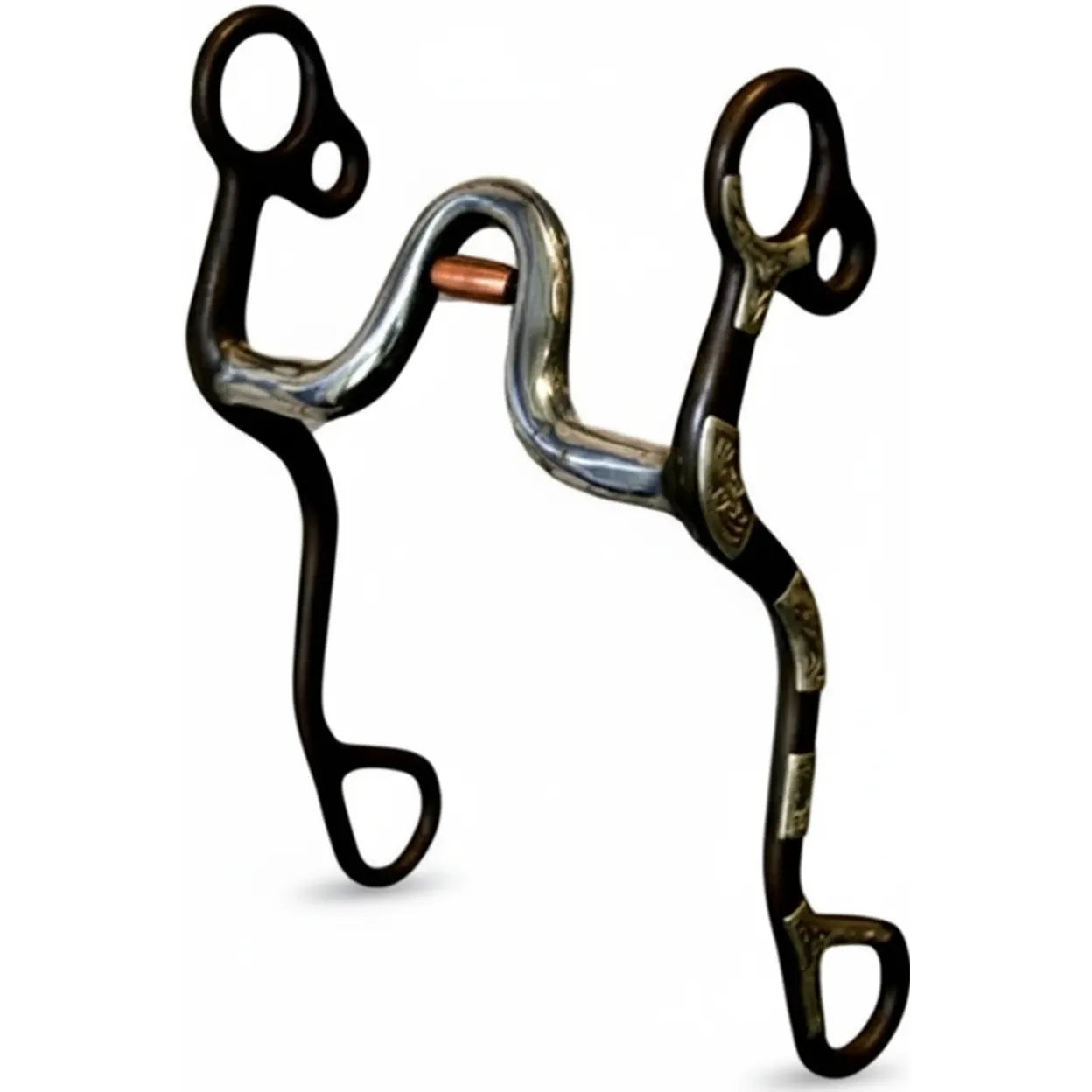 Professional's Choice Western Curb Bit featuring a 5-inch mouthpiece with a 2.5-inch medium port and a central copper roller. The long 9-inch shanks feature a dark finish accented by intricate engraved silver filigree overlays. This stylish horse bit offers balanced leverage and promotes salivation, making it a functional and beautiful choice for western riding, training, and performance.