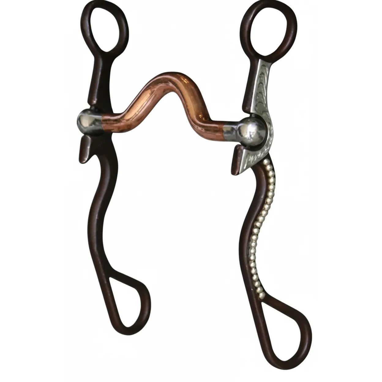 Professional's Choice Equine Signature Shank Western Horse Bit with a medium port copper mouthpiece designed to promote salivation. The dark finished curved shanks are elegantly adorned with silver beaded accents and decorative engraving at the purchase. This high-quality equestrian bit features teardrop rein loops and headstall rings, making it an ideal choice for western performance, reining, or refined trail riding communication.