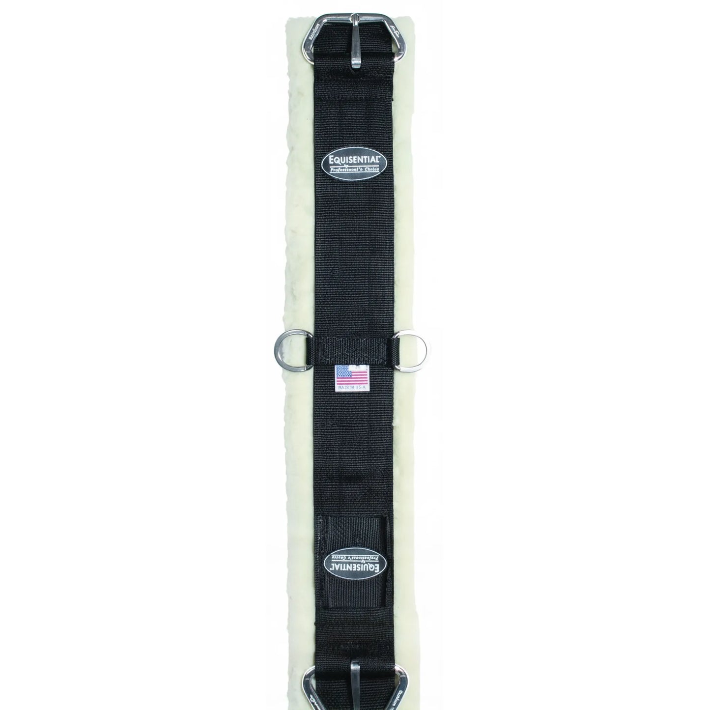 Professional's Choice Equisential Fleece Cinch featuring durable black nylon webbing and a plush white faux shearling liner for horse comfort. This high-quality western cinch includes stainless steel roller buckles at both ends and two center D-rings for easy accessory attachment. Made in the USA, it showcases the Equisential logo and a small American flag patch. Ideal equestrian tack for western riders seeking a secure, soft, and irritation-free fit.