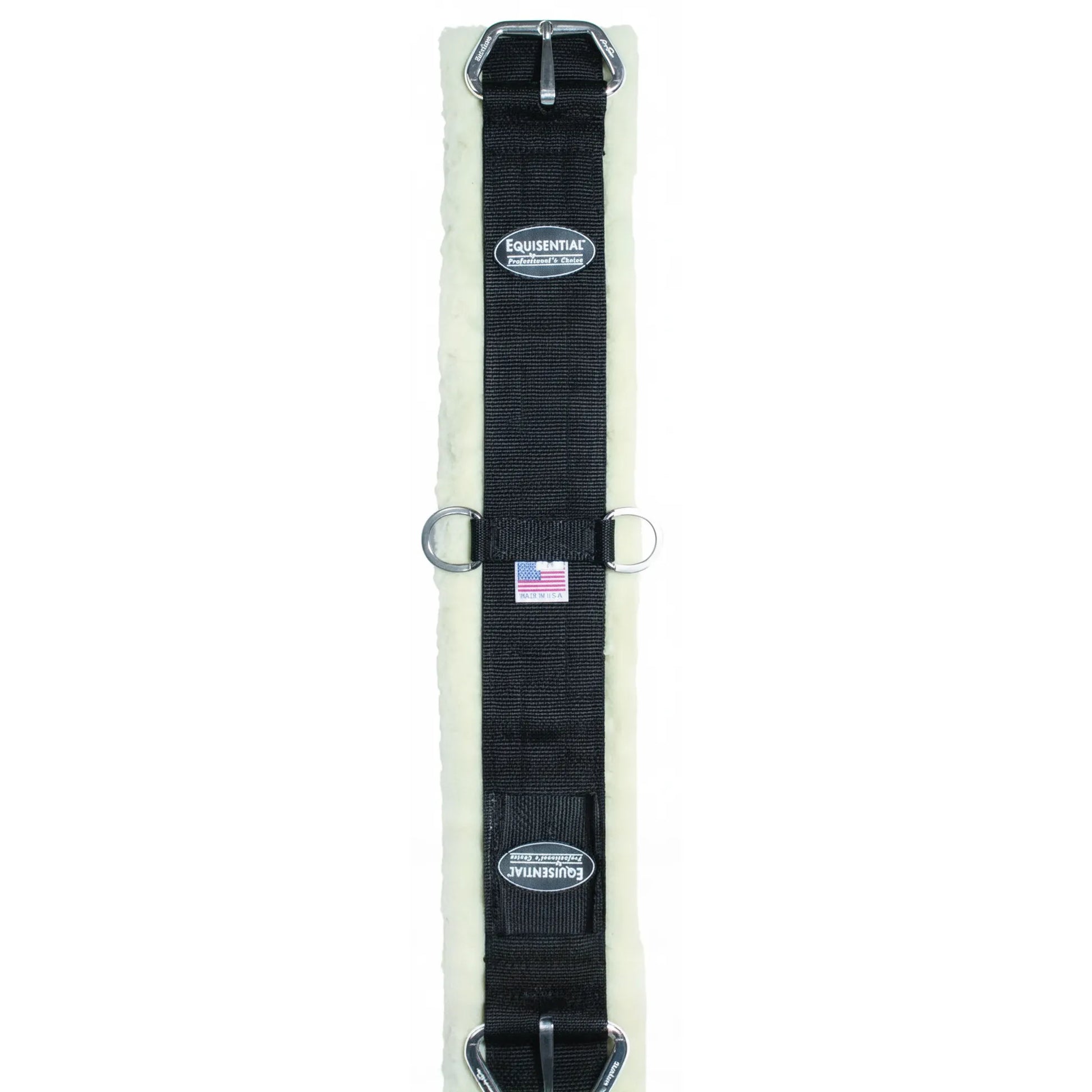 Professional's Choice Equisential Fleece Cinch featuring durable black nylon webbing and a plush white faux shearling liner for horse comfort. This high-quality western cinch includes stainless steel roller buckles at both ends and two center D-rings for easy accessory attachment. Made in the USA, it showcases the Equisential logo and a small American flag patch. Ideal equestrian tack for western riders seeking a secure, soft, and irritation-free fit.