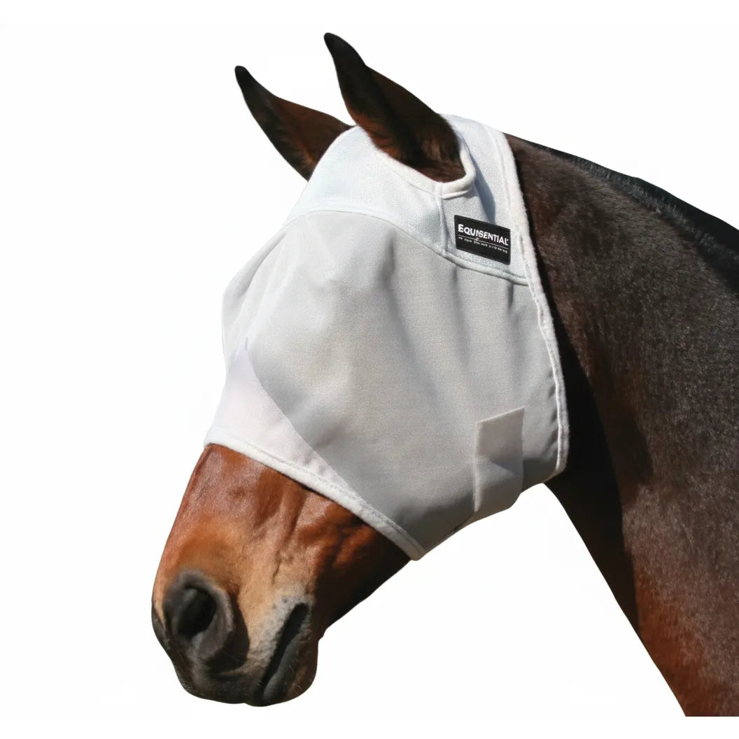 Professional's Choice Equisential Fly Mask in white mesh with UV protection, shown on a bay horse. This protective horse mask features breathable ear openings and a secure fit to shield eyes from flies and harmful sun rays while ensuring clear visibility. Ideal equestrian gear for summer fly control and pasture comfort.