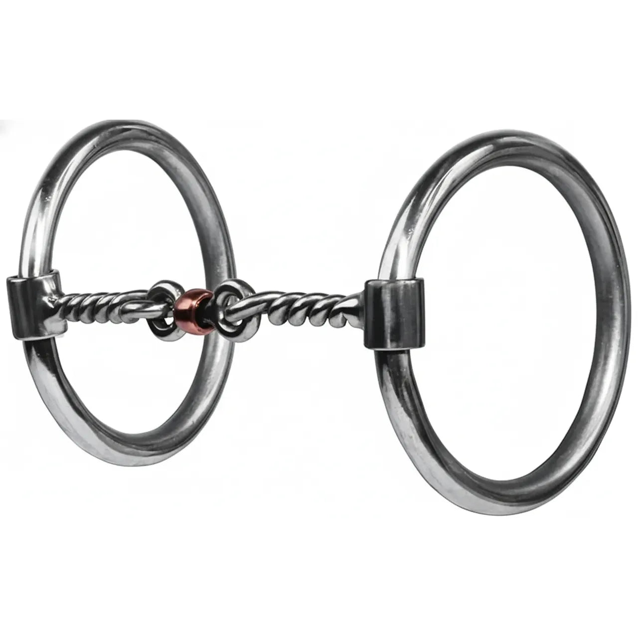 Professional's Choice Equisential O-Ring Twisted Wire Snaffle Bit with a sweet iron mouthpiece and central copper roller. This high-quality horse bit features silver-colored loose rings and a single-jointed twisted wire design to encourage salivation and responsiveness. Ideal for western training and equestrian discipline, this durable tack essential combines classic styling with functional communication for horse and rider.