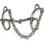Professional's Choice Equisential Route 66 Dogbone Horse Bit with a sweet iron twisted wire mouthpiece and central dogbone link. This silver western performance bit features short gag shanks and an attached metal curb chain for clear communication. A high-quality equestrian training tool ideal for barrel racing and western riding, designed to improve control and responsiveness. Durable professional-grade tack essential for your horse's comfort and performance.