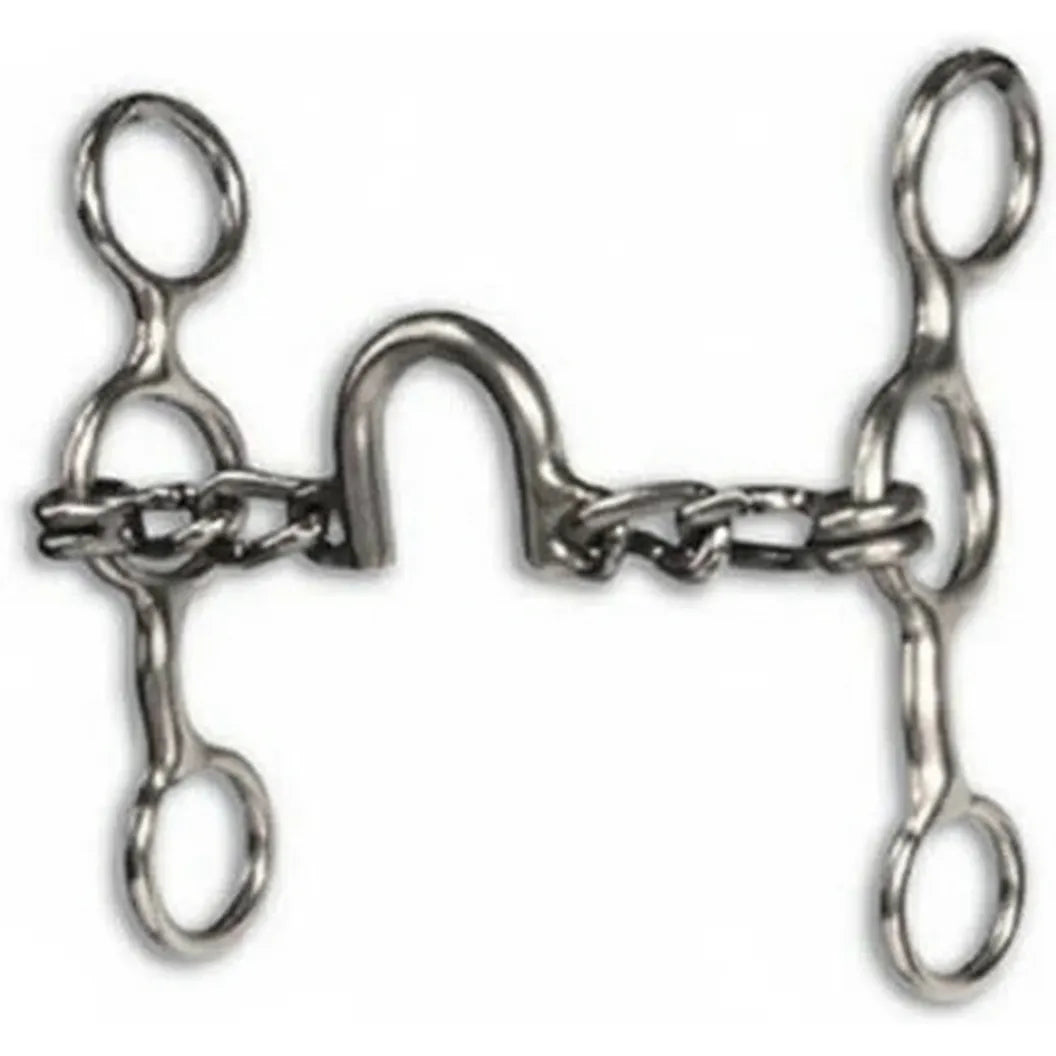 Professional's Choice Equisential Short Shank Ported Chain Horse Bit crafted in polished silver stainless steel. This Western horse bit features 5-inch cheeks and a 5 1/8-inch mouthpiece with a central solid U-shaped port flanked by flexible chain links. Ideal for precise communication, this durable horse tack is a must-have for Western riders looking for a balanced bit that provides moderate leverage and tongue relief.