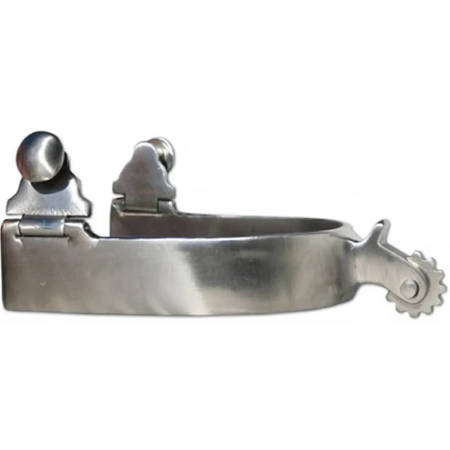 Professional's Choice Equisential Short Shank Spurs in brushed stainless steel. These western riding spurs feature a 3/4-inch band and a 1-inch short shank equipped with a 6-point rosebud rowel. Designed for gentle cues and precision control, these durable silver spurs include swinging buttons for easy strap attachment, making them perfect for training or competitive western riding disciplines.
