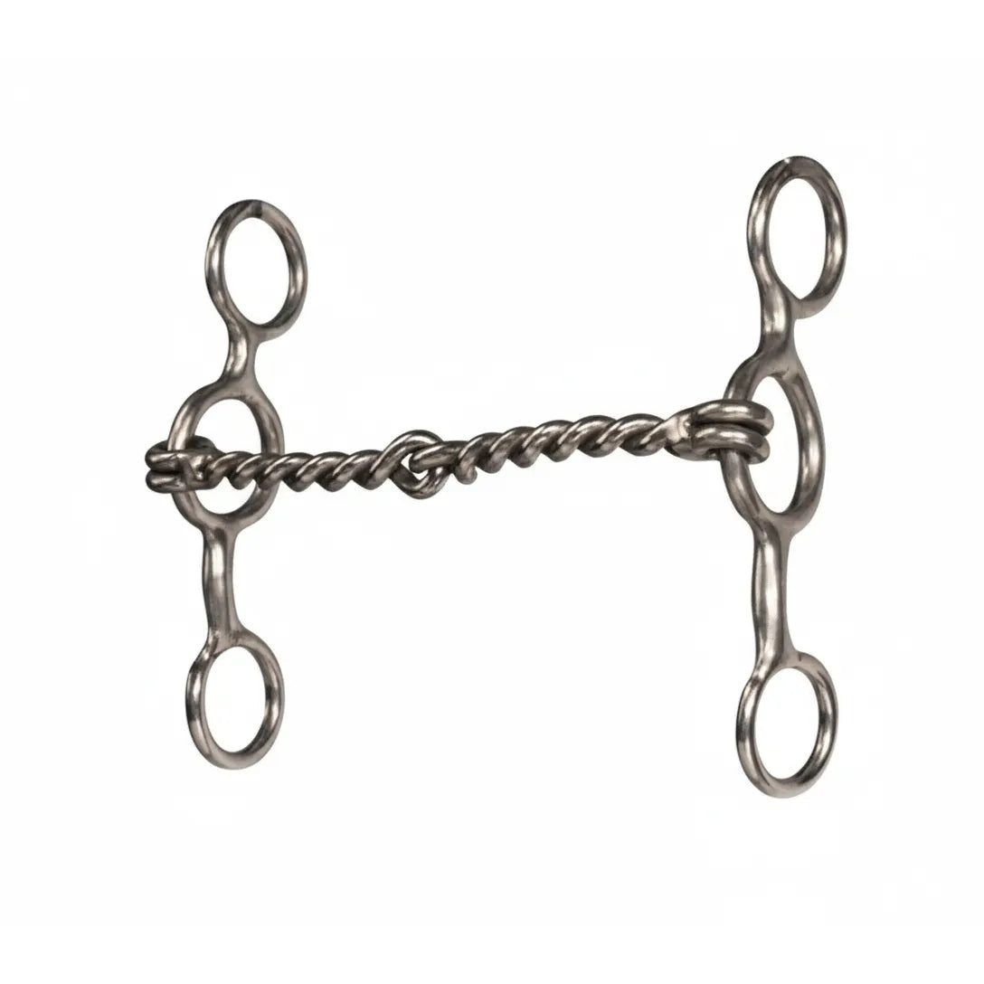 Professional's Choice Equisential Short Shank Twisted Wire Snaffle Bit featuring a 5 1/8" single-jointed sweet iron mouthpiece. This silver horse bit has 5" shanks with three rings for versatile rein and headstall attachment. The textured twisted wire design provides clear communication, making it an essential piece of western horse tack for refined control and training.