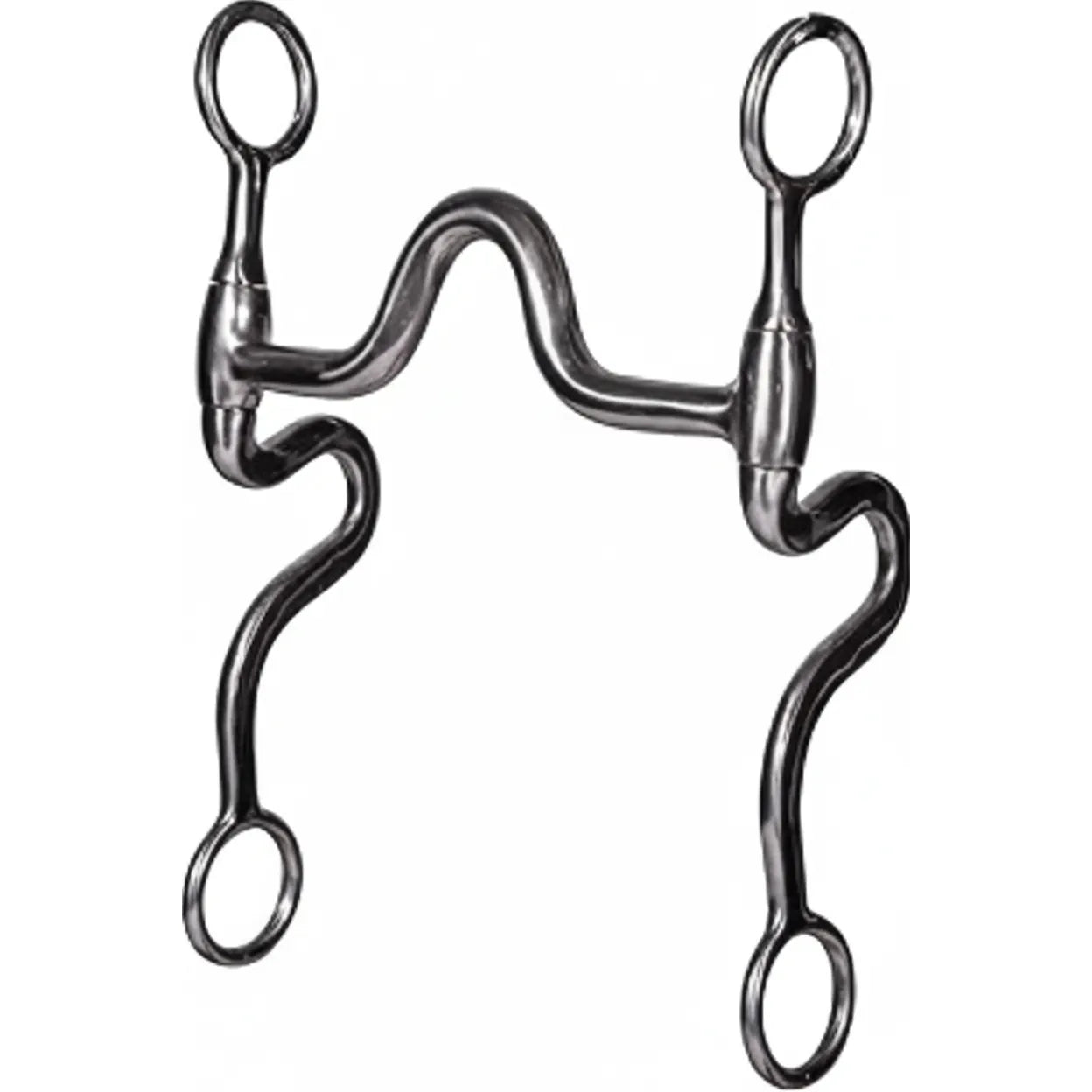 Professional's Choice Equisential Swept Back Seven Shank Bit featuring a high port mouthpiece and polished stainless steel finish. This 8-inch cheek horse bit showcases a swept-back S-shape shank design for enhanced leverage and communication. An essential Western riding curb bit for training and performance, combining professional quality with a sleek silver look for any equestrian's tack room.