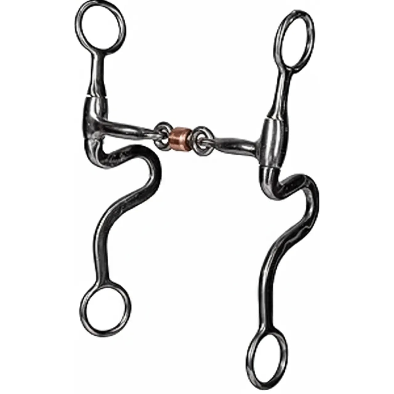 Professional's Choice Equisential 8-inch swept back seven shank horse bit featuring a dark finish steel design. This western leverage bit includes a three-piece jointed mouthpiece with a central copper roller to encourage salivation and relaxation. The S-shaped seven shanks provide refined control for equestrian training. Durable, professional-grade horse tack ideal for performance horses and western disciplines.