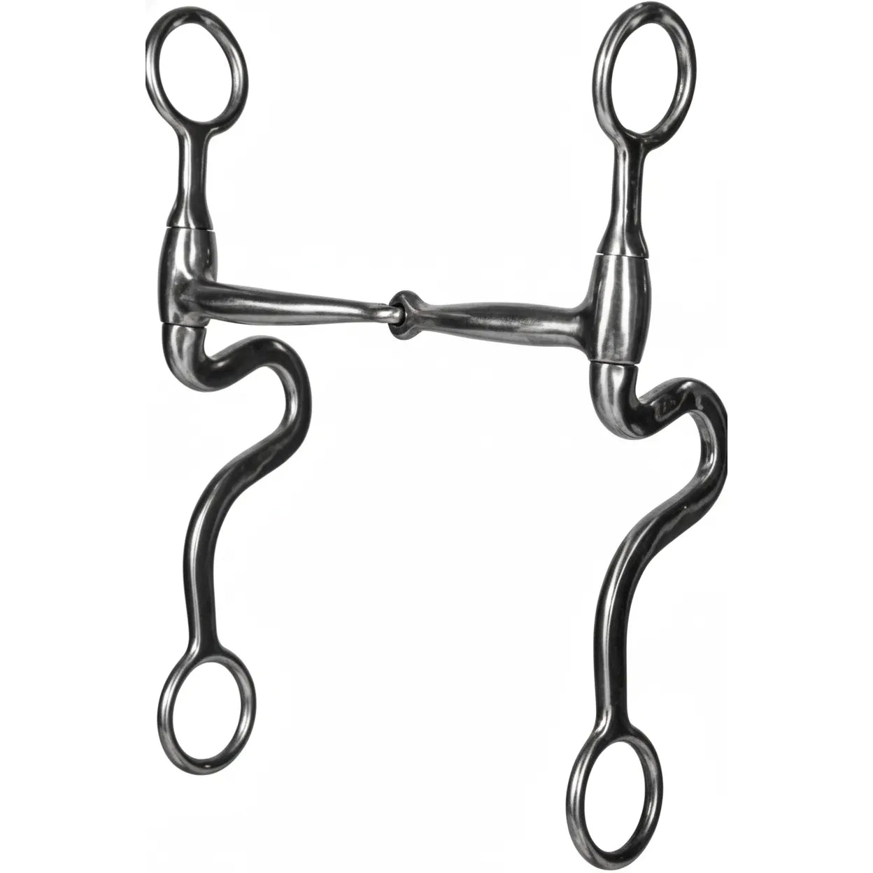 Professional's Choice Equisential Swept Back Seven Shank Horse Bit featuring a polished stainless steel finish and 8" curved S-shaped shanks. This western bit includes a single-jointed medium port mouthpiece designed for balanced leverage and effective communication. Durable equine hardware perfect for performance horses, western pleasure, and reining, offering both classic style and functional control for riders.