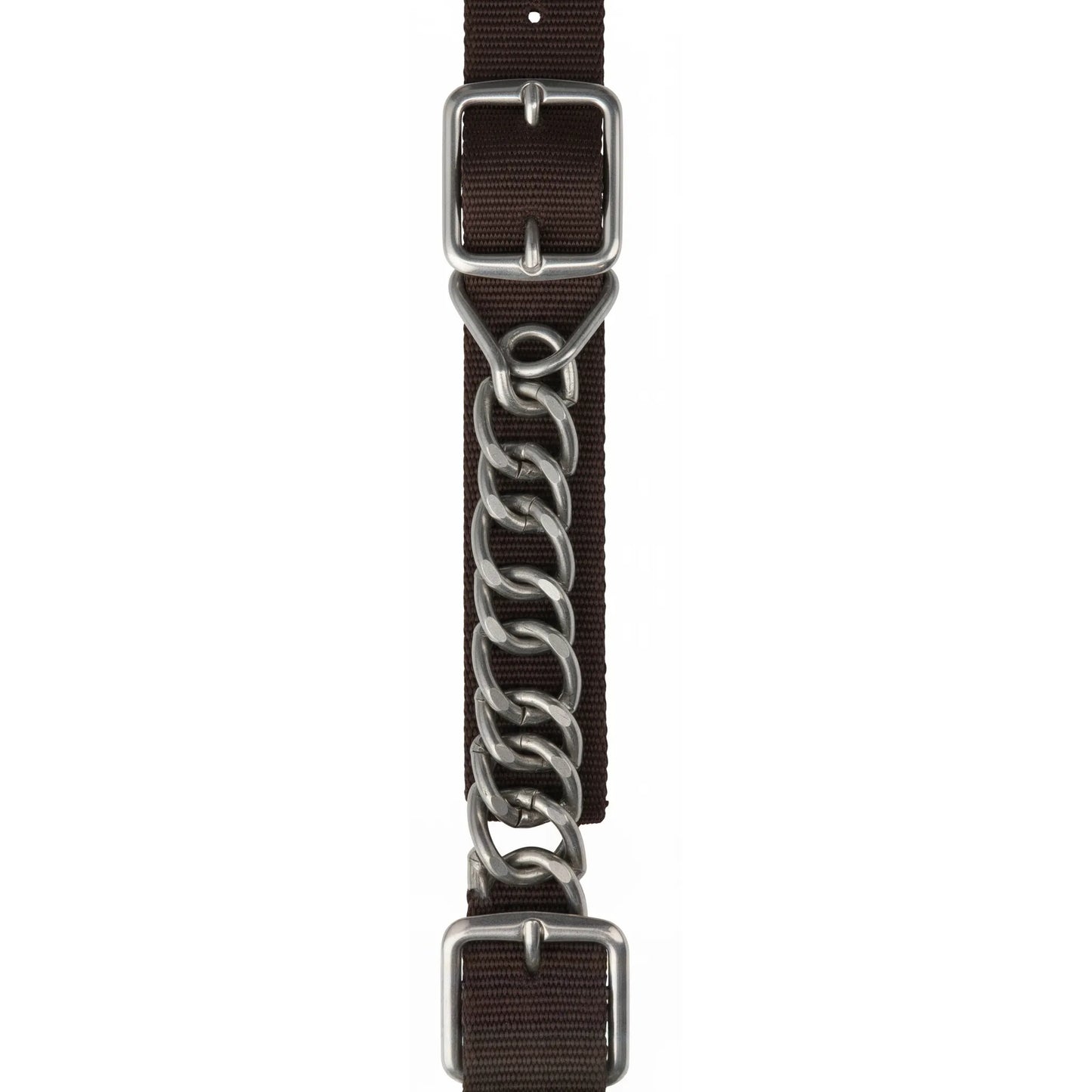 Professional's Choice Flat Nylon Curb Chain in Chocolate brown, featuring a durable 5/8-inch nylon strap and a heavy-duty stainless steel double-link chain. This adjustable curb strap for western horse bits provides precise pressure and control for training, performance, or trail riding. A reliable piece of equestrian horse tack designed for comfort and durability.