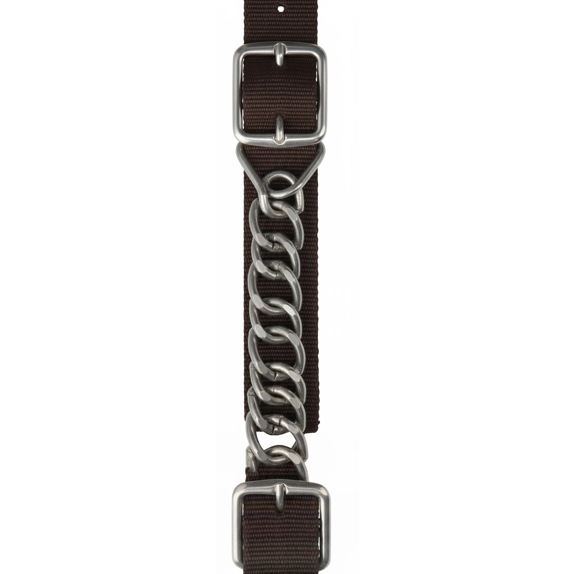 Professional's Choice Flat Nylon Curb Chain in Chocolate brown, featuring a durable 5/8-inch nylon strap and a heavy-duty stainless steel double-link chain. This adjustable curb strap for western horse bits provides precise pressure and control for training, performance, or trail riding. A reliable piece of equestrian horse tack designed for comfort and durability.