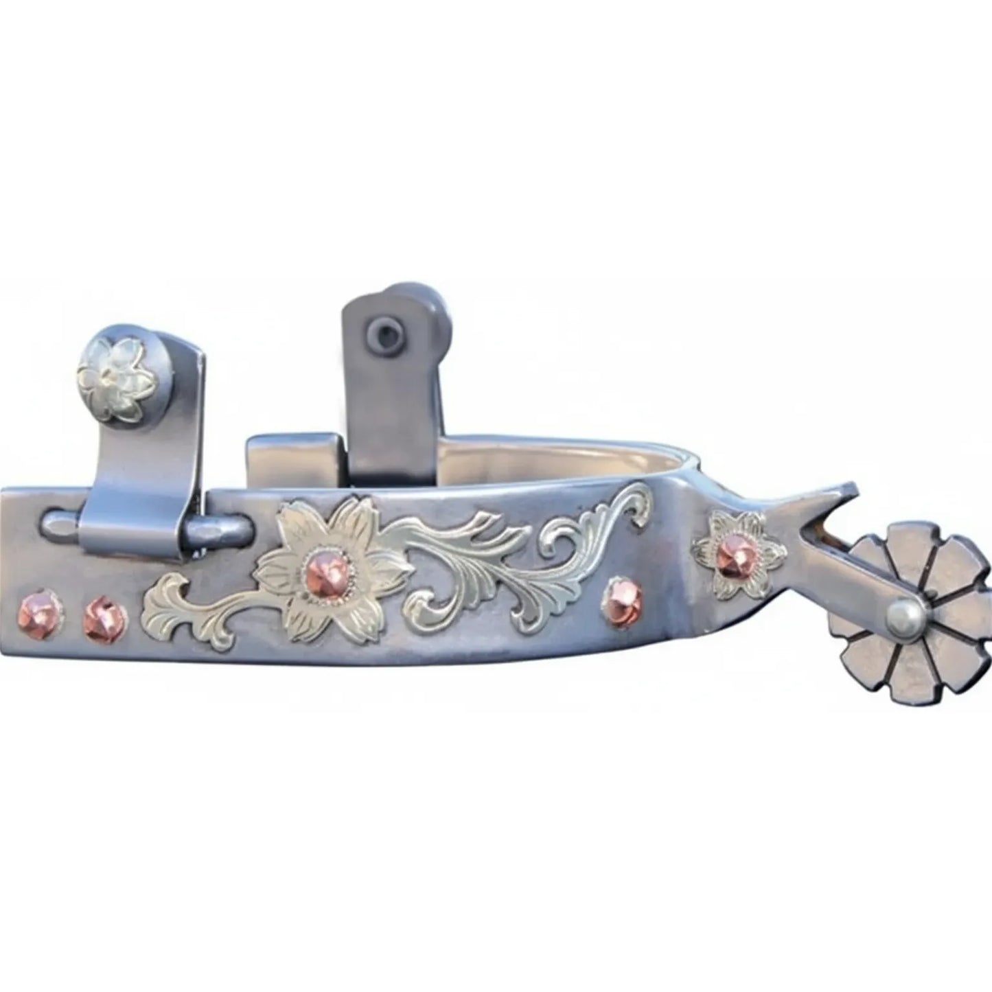 Professional's Choice Floral Ladies Spurs featuring a brushed steel finish with intricate silver floral engravings and hand-detailed copper accents. These western equestrian spurs include a 1-3/4" shank and an 8-point blunt rowel for gentle yet effective communication. Elegant and functional, these decorative spurs are perfect for horse shows or everyday western riding, blending traditional craftsmanship with a stylish feminine touch.