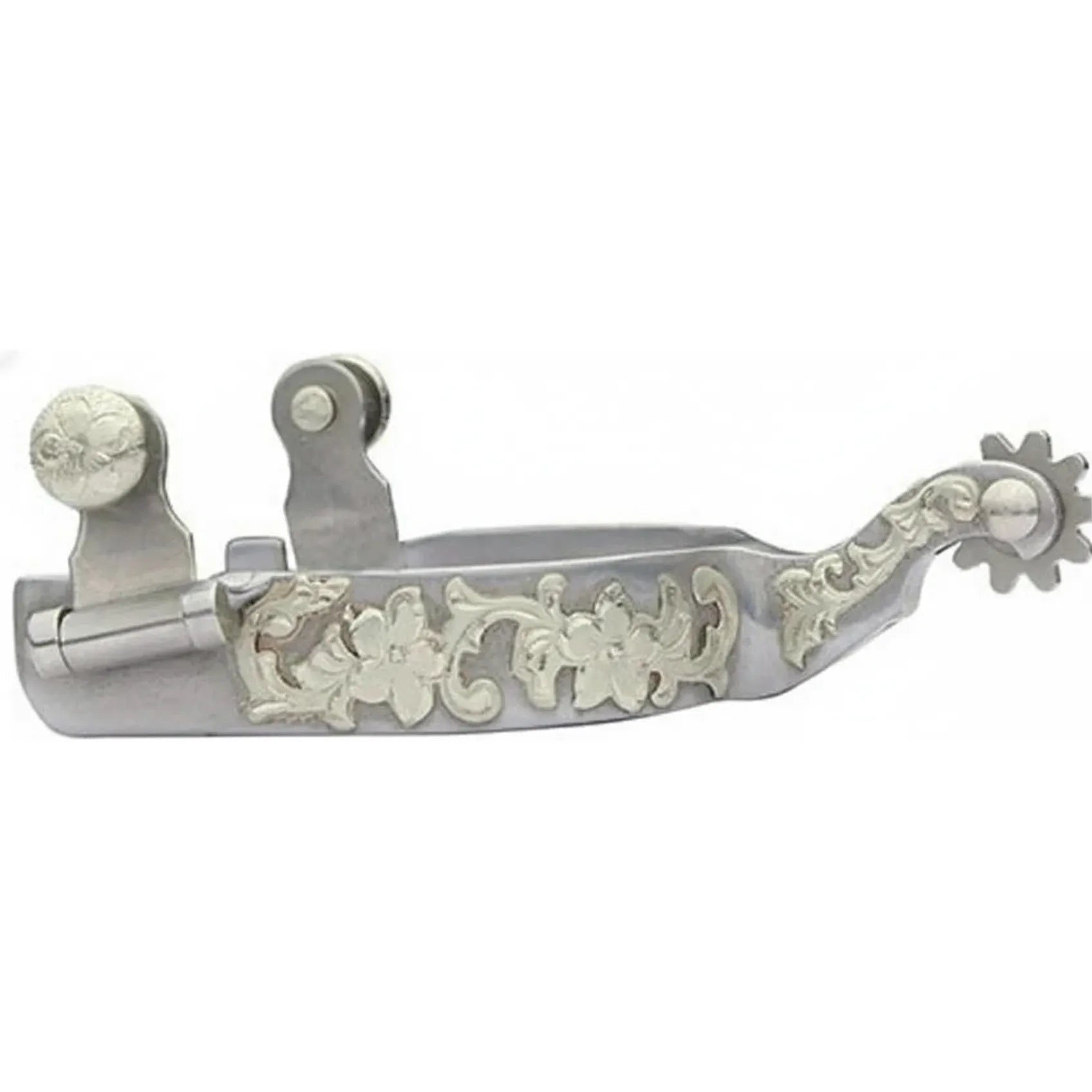 Professional's Choice Floral Shank Spurs featuring intricate silver engraved floral patterns on the heel band and curved shank. These high-quality Western spurs include a 10-point rowel, a 1 3/4" shank, and a 2 1/2" boot width. Perfect equestrian gear for Western riding, horse shows, or rodeo competitions. Elegant and durable silver horse spurs designed for professional performance and style in the saddle.