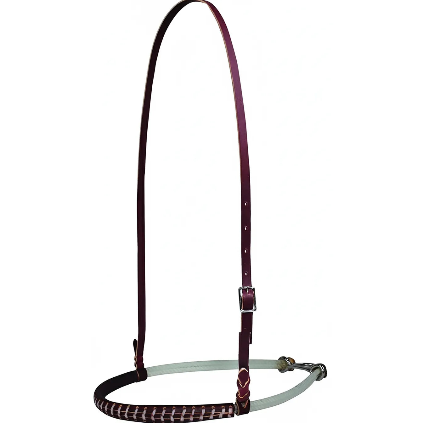 Professional's Choice Hand Laced Double Rope Noseband featuring a 1/4" white lariat rope and a rich burgundy latigo leather cover with intricate hand-stitched detailing. This durable equestrian training tool includes an adjustable crown strap with a polished stainless steel buckle for a custom fit. Designed for precision and control, this high-quality horse tack is ideal for western riders seeking professional-grade performance and style. Product 8706.