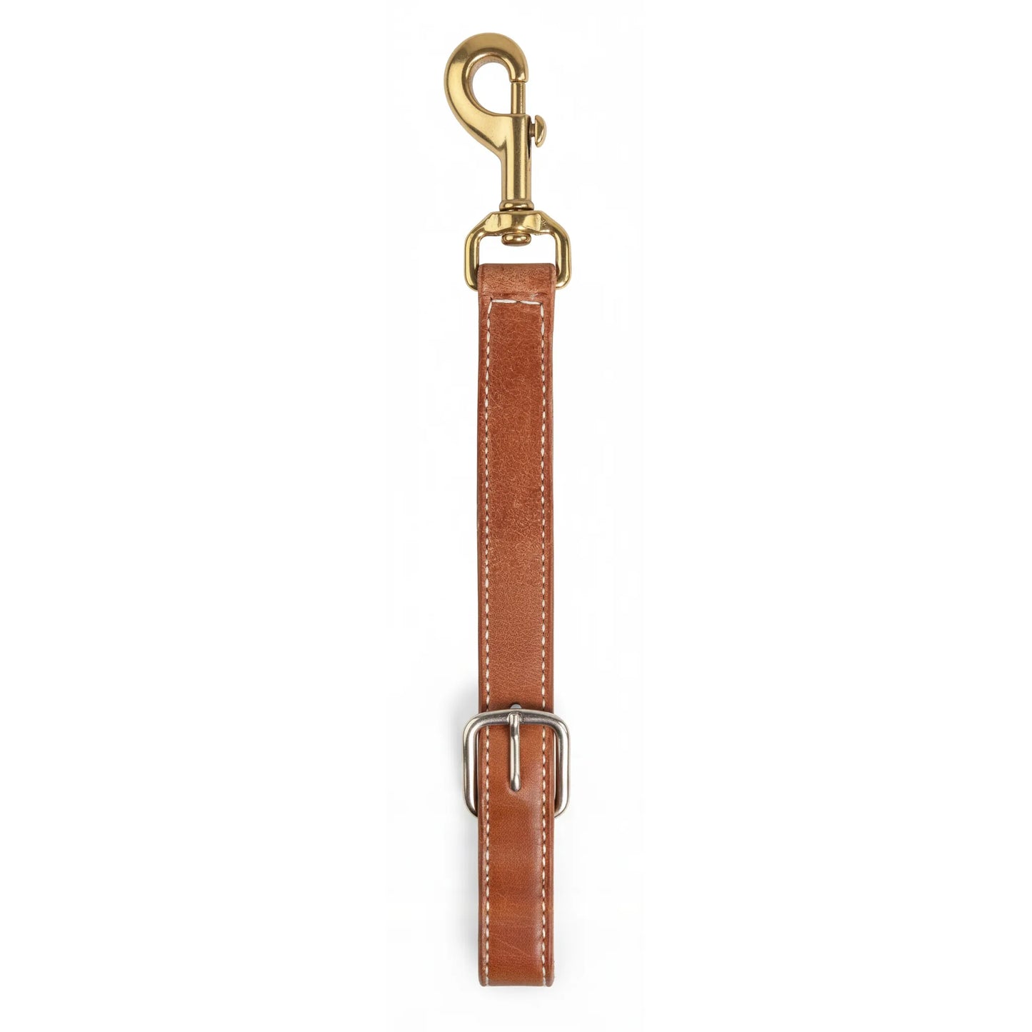 Professional's Choice Hermann Oak Triple-Ply Leather Breast Collar Down Strap featuring high-quality russet brown leather with white contrast stitching. This 1-inch wide equestrian accessory includes a durable solid brass snap hook and a silver stainless steel buckle for an adjustable, secure fit. A premium choice for riders seeking long-lasting western horse tack and high-performance equestrian gear.