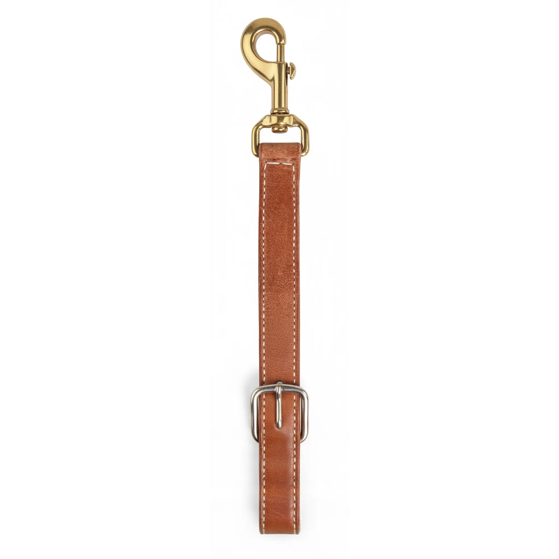Professional's Choice Hermann Oak Triple-Ply Leather Breast Collar Down Strap featuring high-quality russet brown leather with white contrast stitching. This 1-inch wide equestrian accessory includes a durable solid brass snap hook and a silver stainless steel buckle for an adjustable, secure fit. A premium choice for riders seeking long-lasting western horse tack and high-performance equestrian gear.