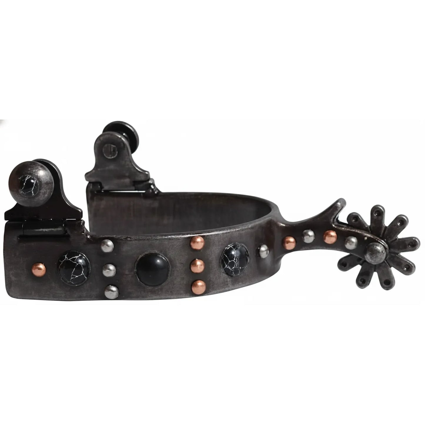 Professional's Choice Ladies Dot Spur featuring a 1-inch shank and antique black finish. This western spur is intricately decorated with black crackle stones, smooth black cabochons, and contrasting copper and silver studs. Designed with a stylish star rowel and a ladies' fit, these equestrian spurs offer a blend of professional performance and classic western flair for trail riding or show.