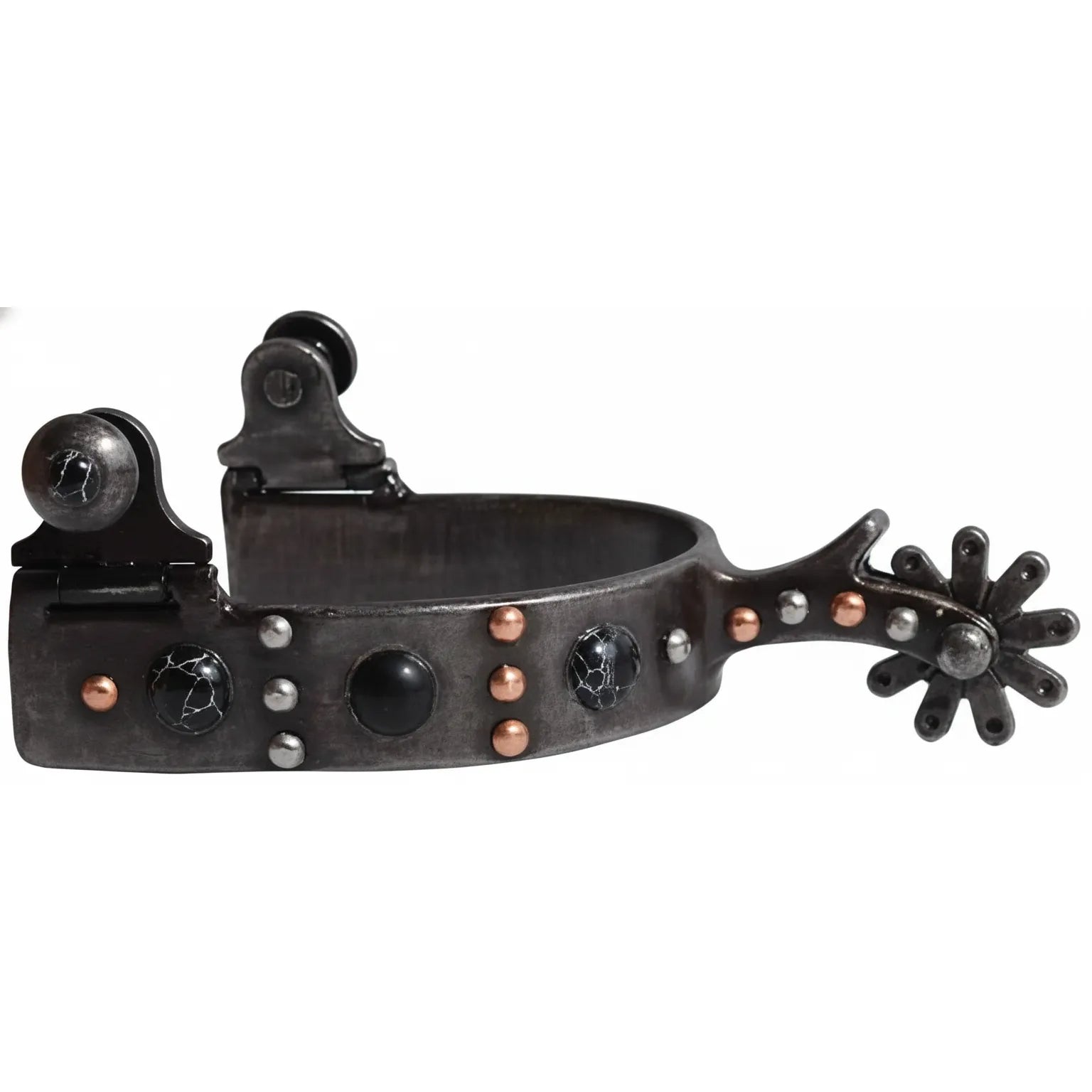 Professional's Choice Ladies Dot Spur featuring a 1-inch shank and antique black finish. This western spur is intricately decorated with black crackle stones, smooth black cabochons, and contrasting copper and silver studs. Designed with a stylish star rowel and a ladies' fit, these equestrian spurs offer a blend of professional performance and classic western flair for trail riding or show.